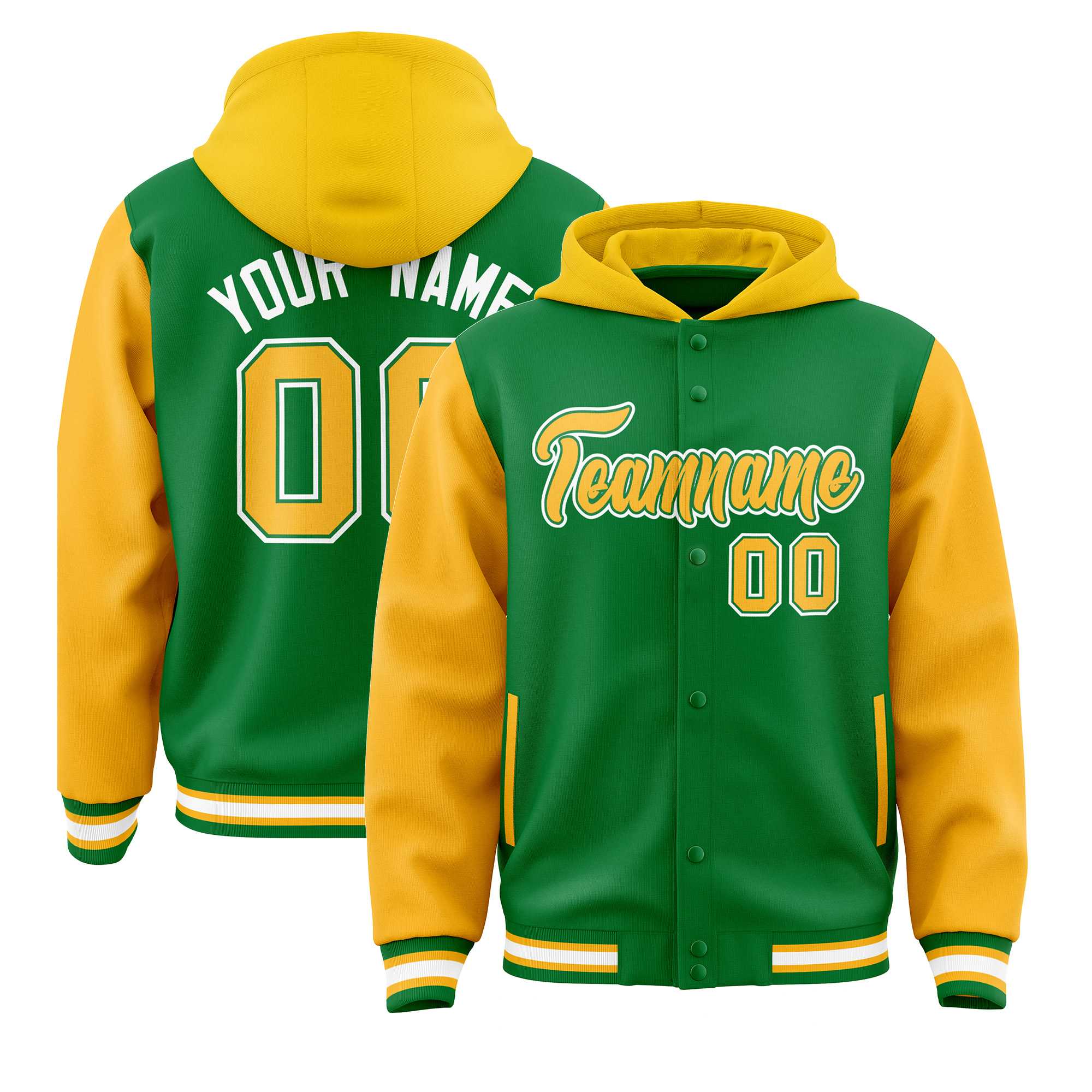Custom Kelly Green Gold Raglan Sleeves Varsity Full-Snap Letterman Two Tone Jacket Hoodie| KXKSHOP