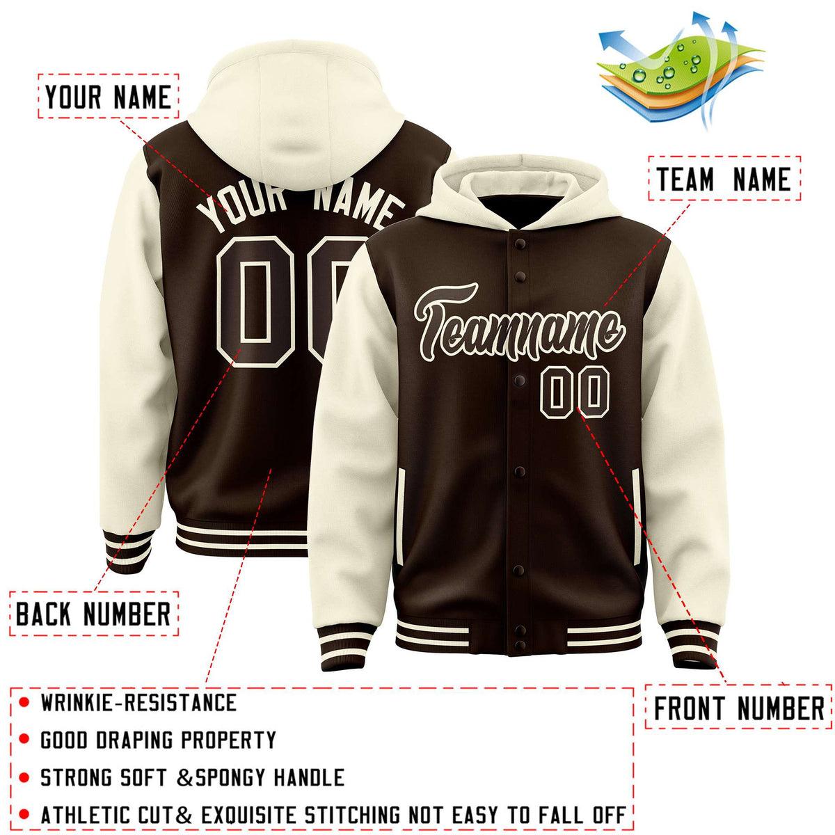 Custom Brown Cream Raglan Sleeves Varsity Full-Snap Letterman Two Tone Jacket Hoodie| KXKSHOP