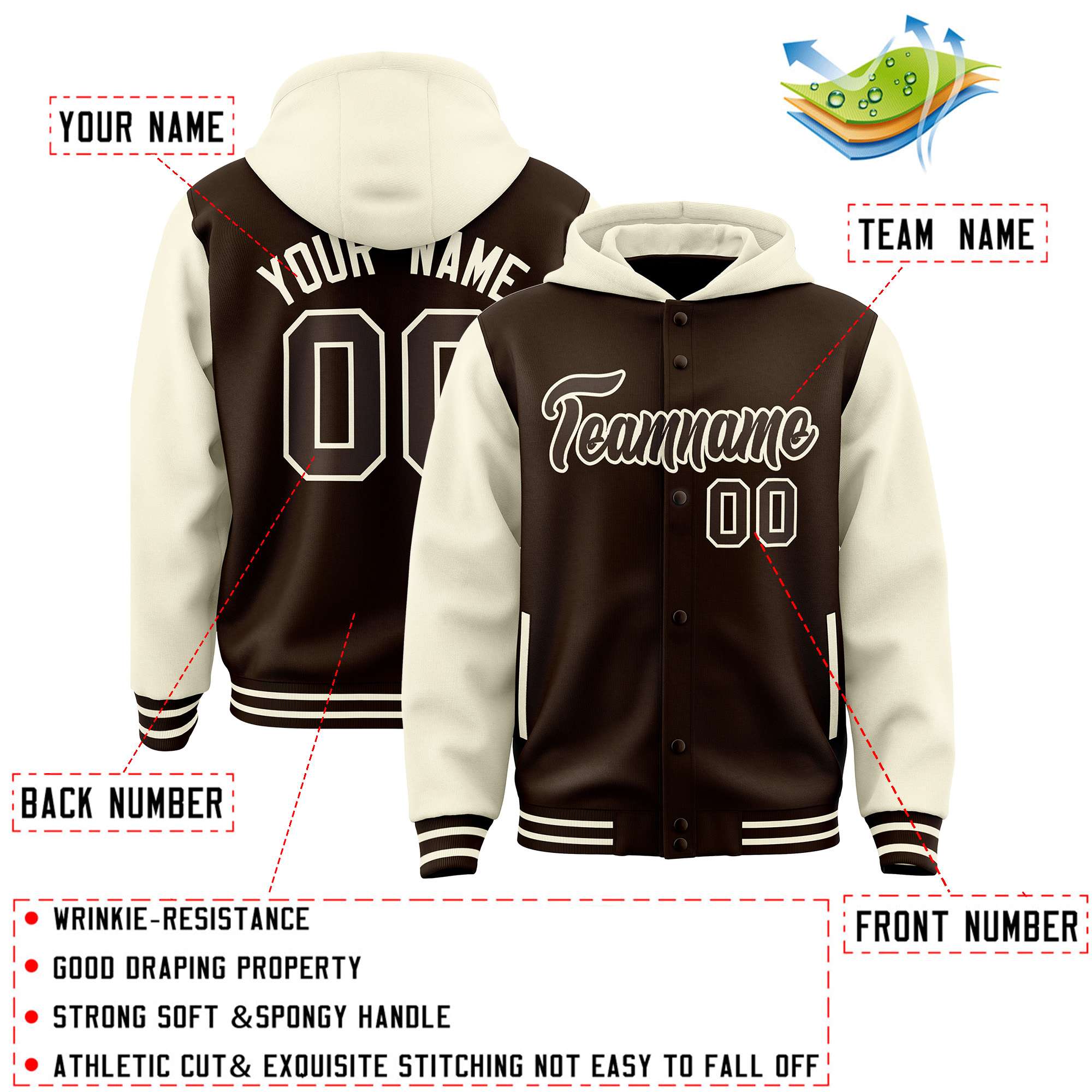 Custom Brown Cream Raglan Sleeves Varsity Full-Snap Letterman Two Tone Jacket Hoodie| KXKSHOP