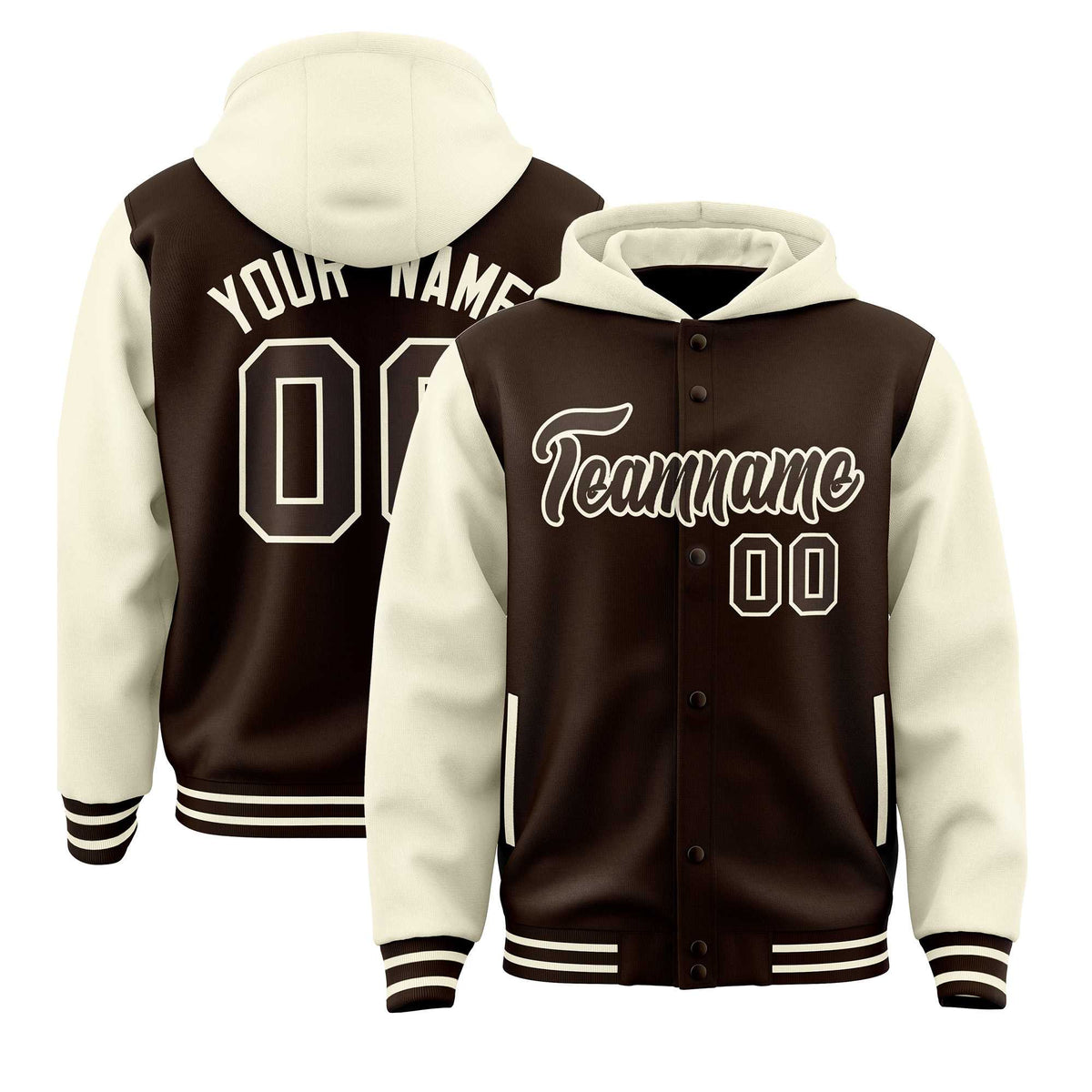 Custom Brown Cream Raglan Sleeves Varsity Full-Snap Letterman Two Tone Jacket Hoodie| KXKSHOP
