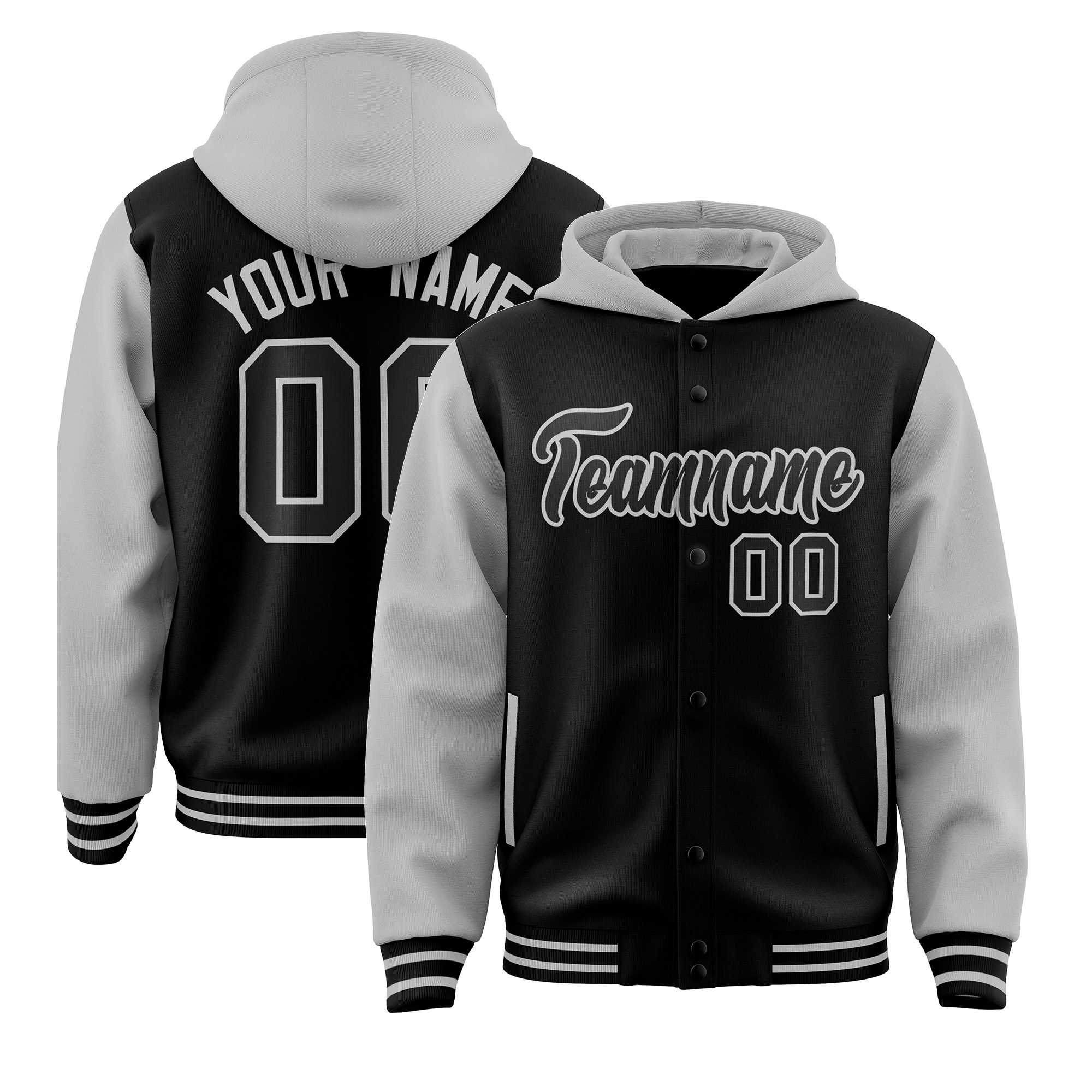 Custom Black Gray Raglan Sleeves Varsity Full-Snap Letterman Two Tone Jacket Hoodie| KXKSHOP