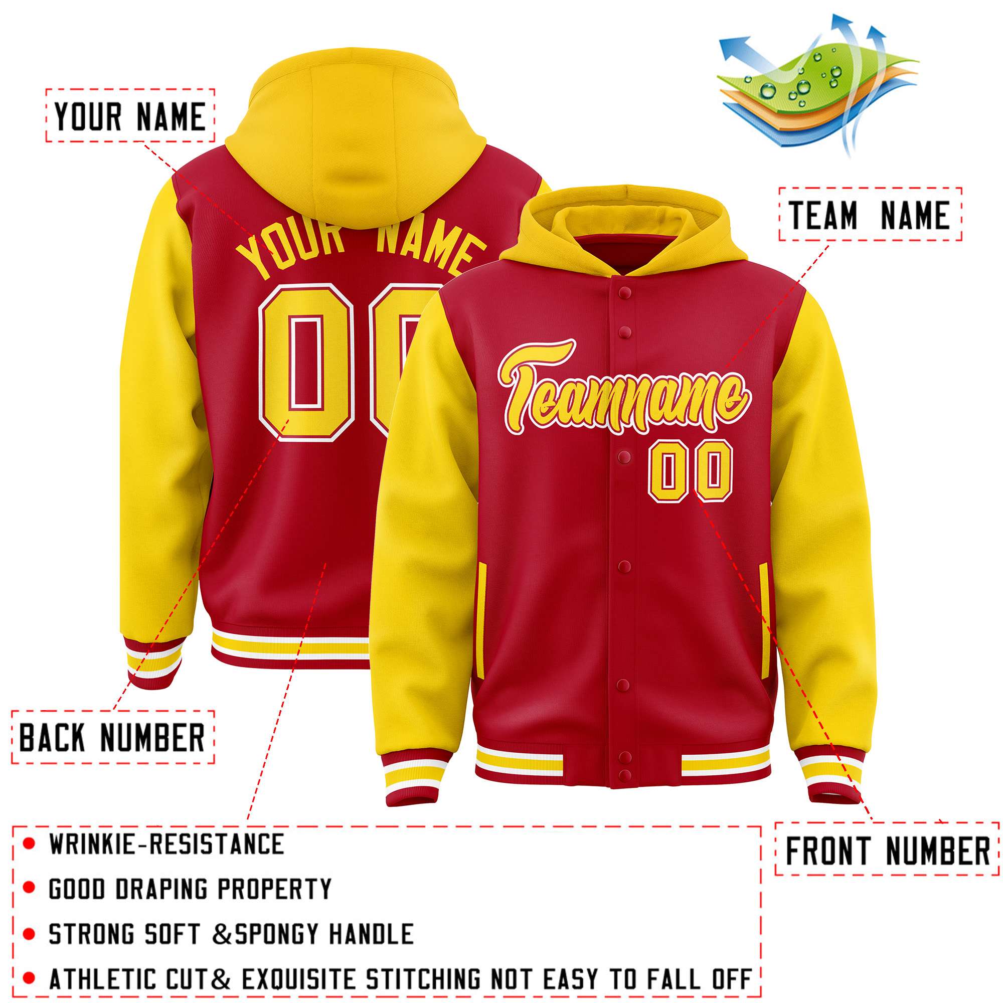 Custom Red Gold Raglan Sleeves Varsity Full-Snap Letterman Two Tone Jacket Hoodie| KXKSHOP