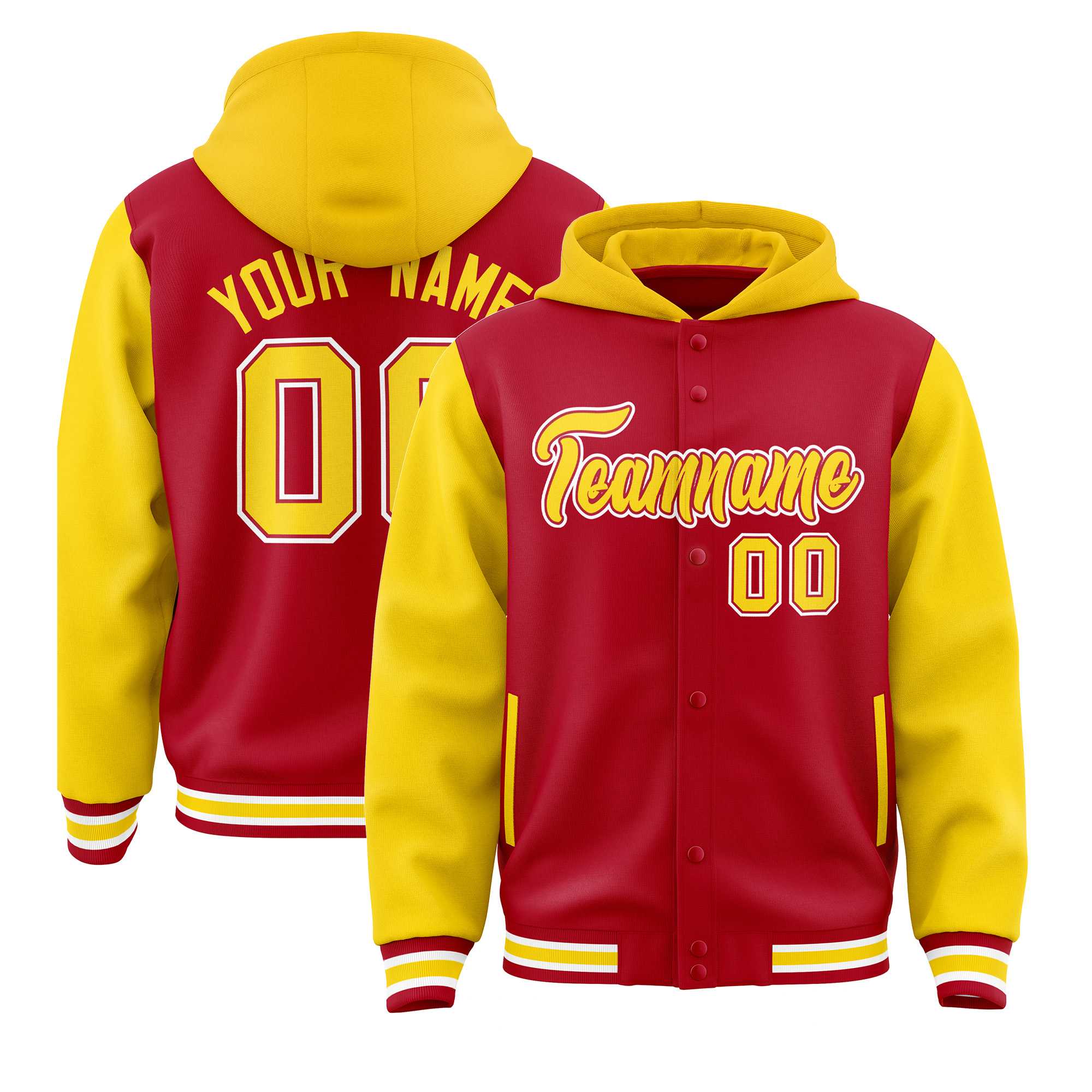 Custom Red Gold Raglan Sleeves Varsity Full-Snap Letterman Two Tone Jacket Hoodie| KXKSHOP