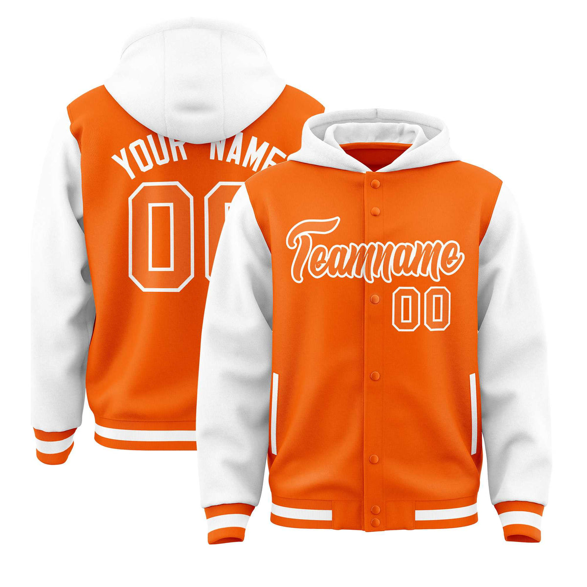 Custom Orange White Raglan Sleeves Varsity Full-Snap Letterman Two Tone Jacket Hoodie| KXKSHOP