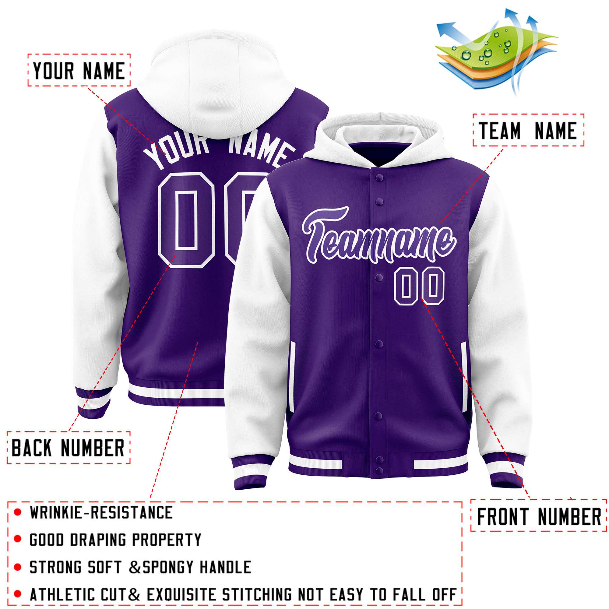 Custom Purple White Raglan Sleeves Varsity Full-Snap Letterman Two Tone Jacket Hoodie| KXKSHOP