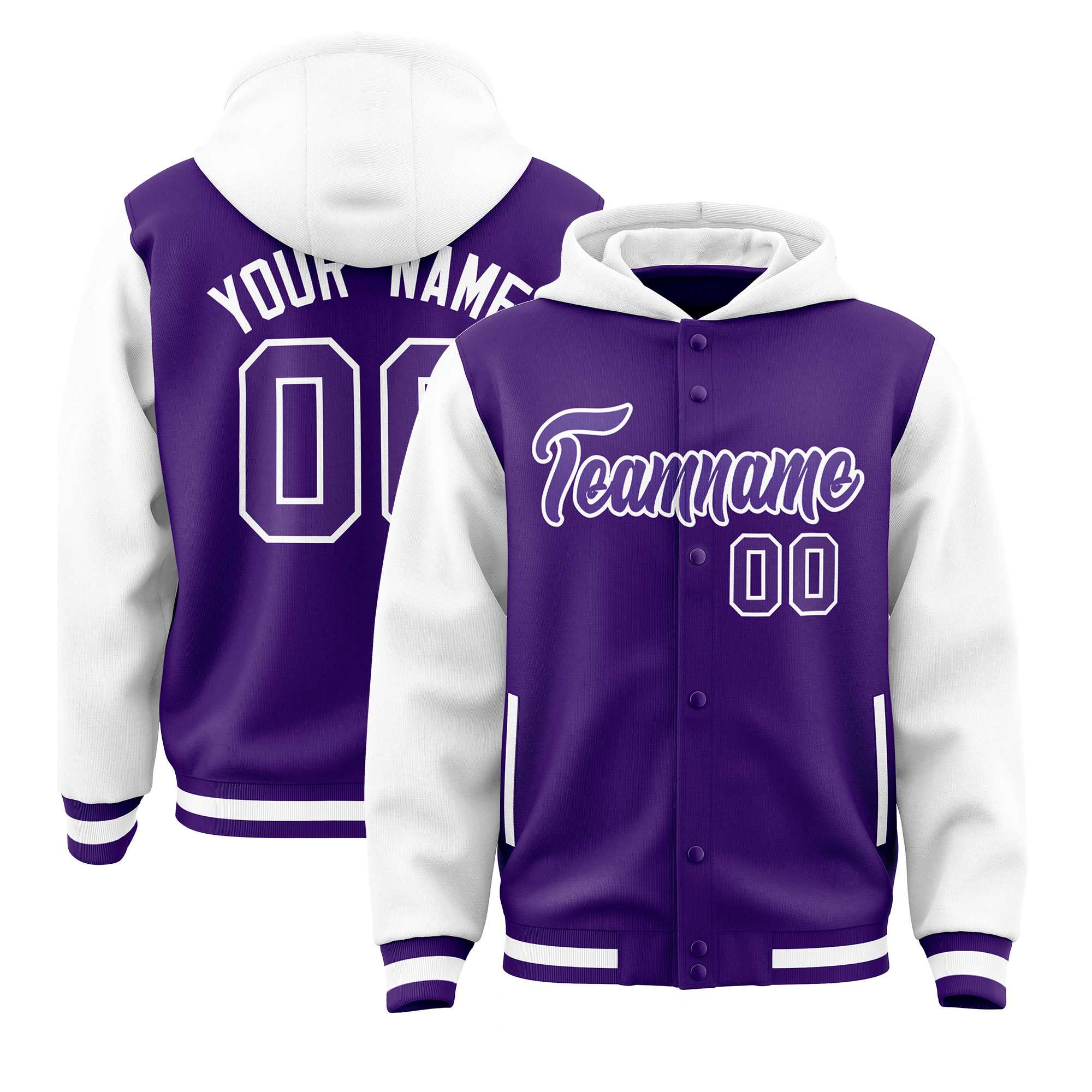Custom Purple White Raglan Sleeves Varsity Full-Snap Letterman Two Tone Jacket Hoodie| KXKSHOP