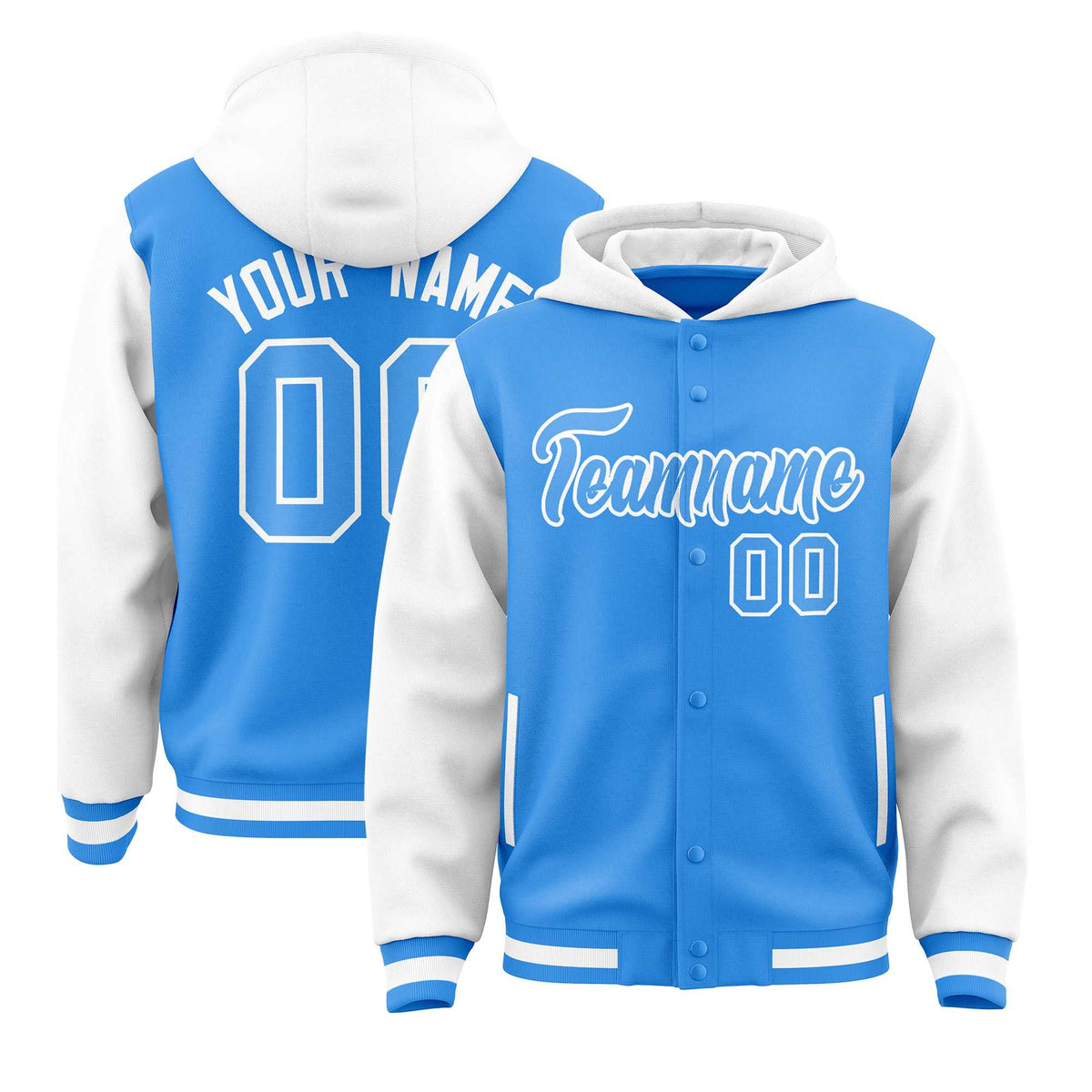 Custom Powder Blue White Raglan Sleeves Varsity Full-Snap Letterman Two Tone Jacket Hoodie| KXKSHOP