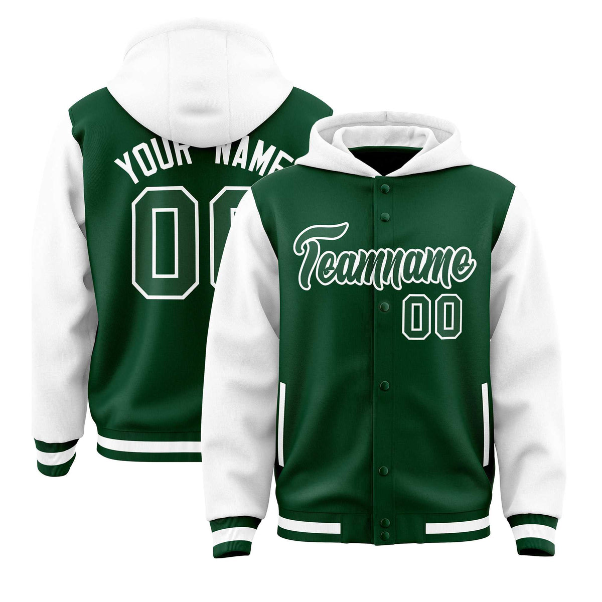 Custom Green White Raglan Sleeves Varsity Full-Snap Letterman Two Tone Jacket Hoodie| KXKSHOP