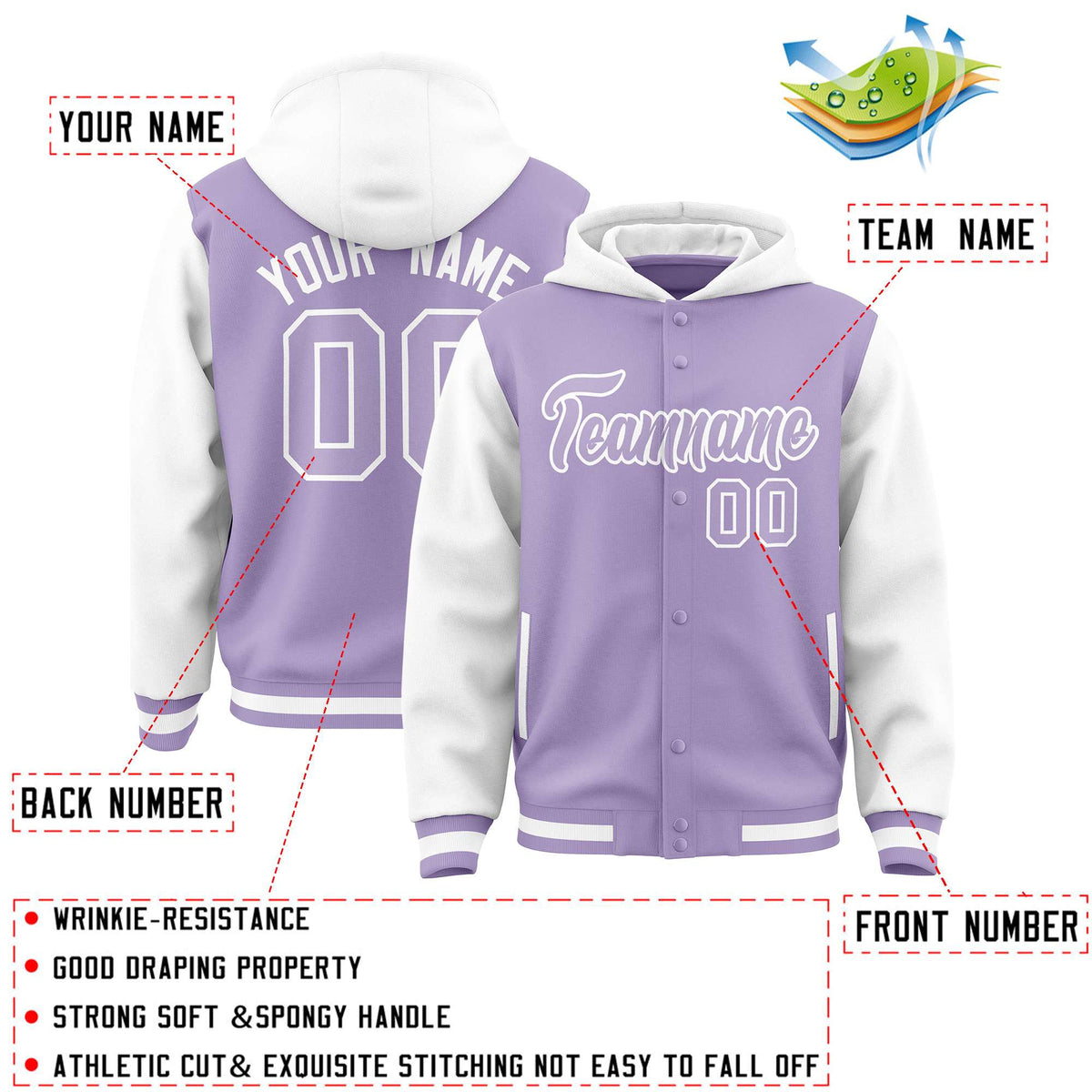 Custom Light Purple White Raglan Sleeves Varsity Full-Snap Letterman Two Tone Jacket Hoodie| KXKSHOP