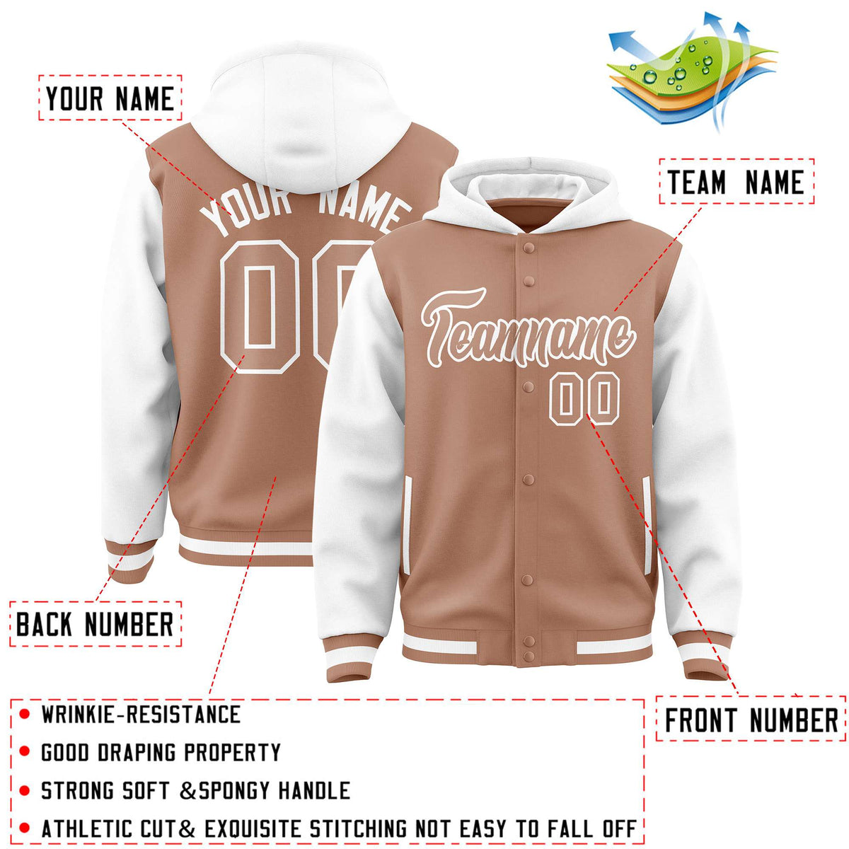 Custom Teabrown White Raglan Sleeves Varsity Full-Snap Letterman Two Tone Jacket Hoodie| KXKSHOP