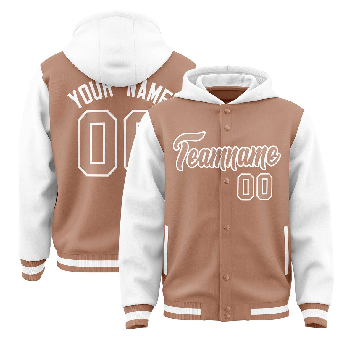 Custom Teabrown White Raglan Sleeves Varsity Full-Snap Letterman Two Tone Jacket Hoodie| KXKSHOP