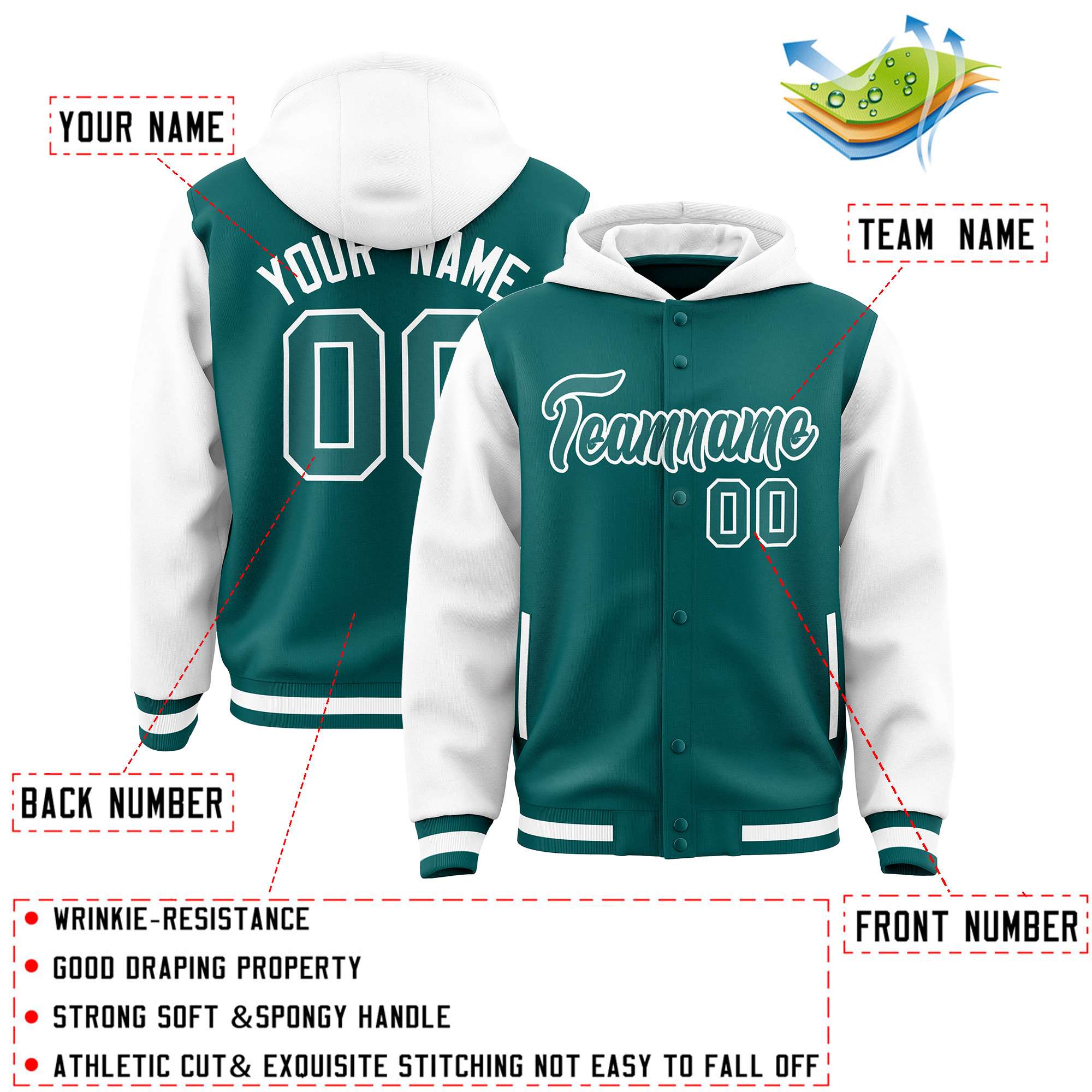 Custom Aqua White Raglan Sleeves Varsity Full-Snap Letterman Two Tone Jacket Hoodie| KXKSHOP