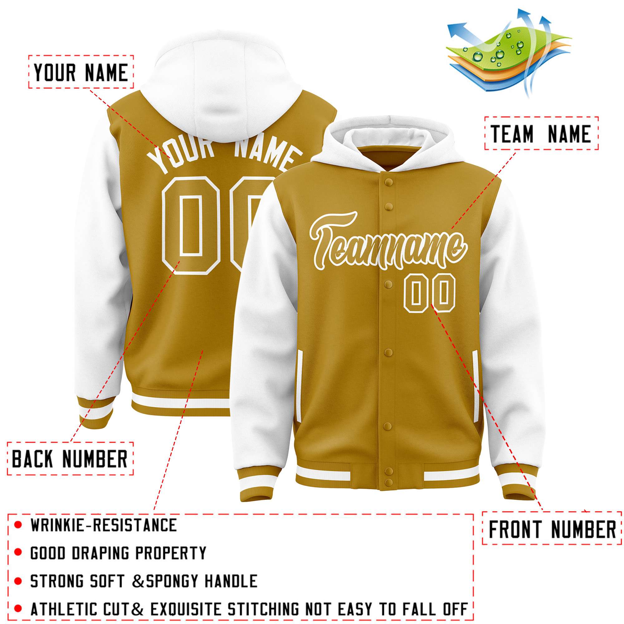 Custom Old Gold White Raglan Sleeves Varsity Full-Snap Letterman Two Tone Jacket Hoodie| KXKSHOP
