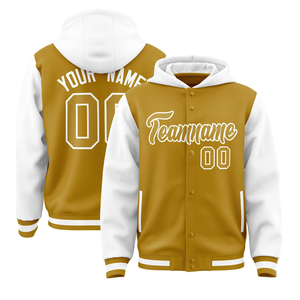 Custom Old Gold White Raglan Sleeves Varsity Full-Snap Letterman Two Tone Jacket Hoodie| KXKSHOP