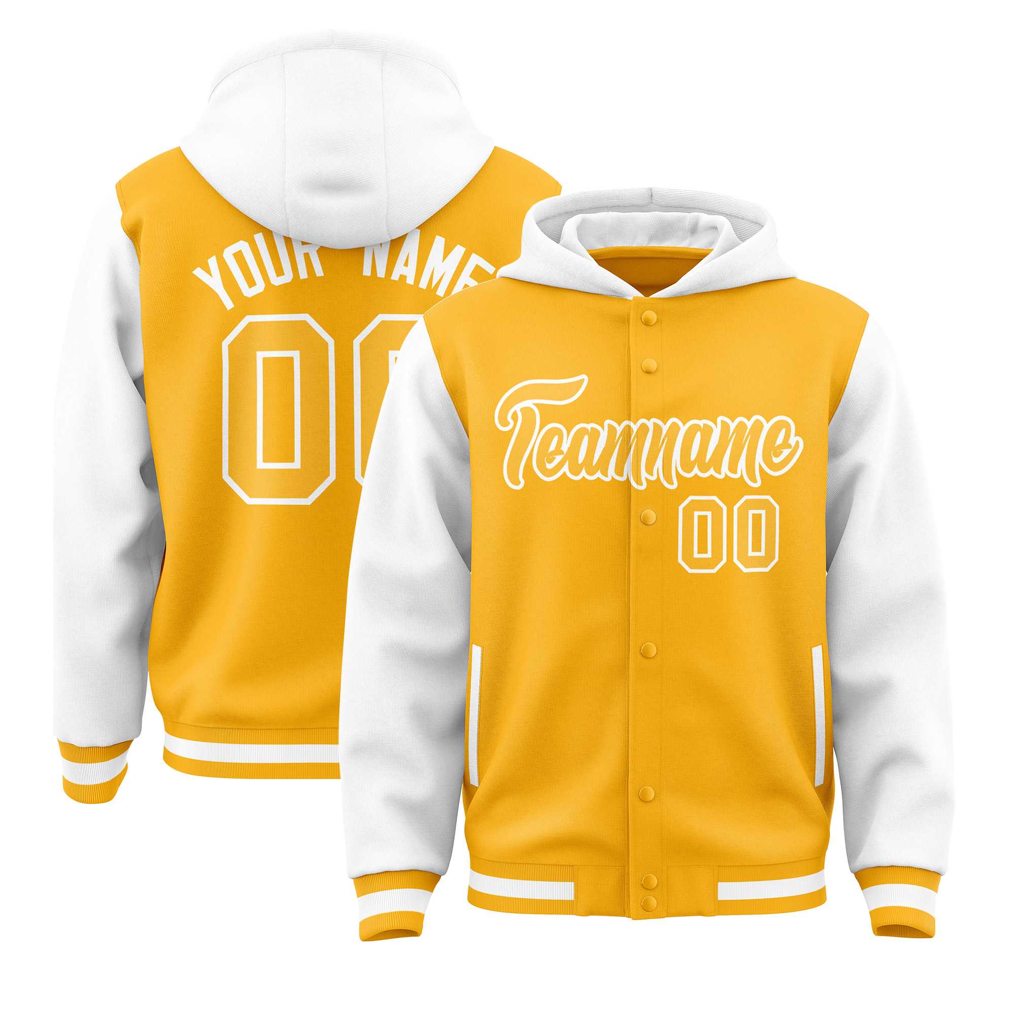Custom Gold White Raglan Sleeves Varsity Full-Snap Letterman Two Tone Jacket Hoodie| KXKSHOP