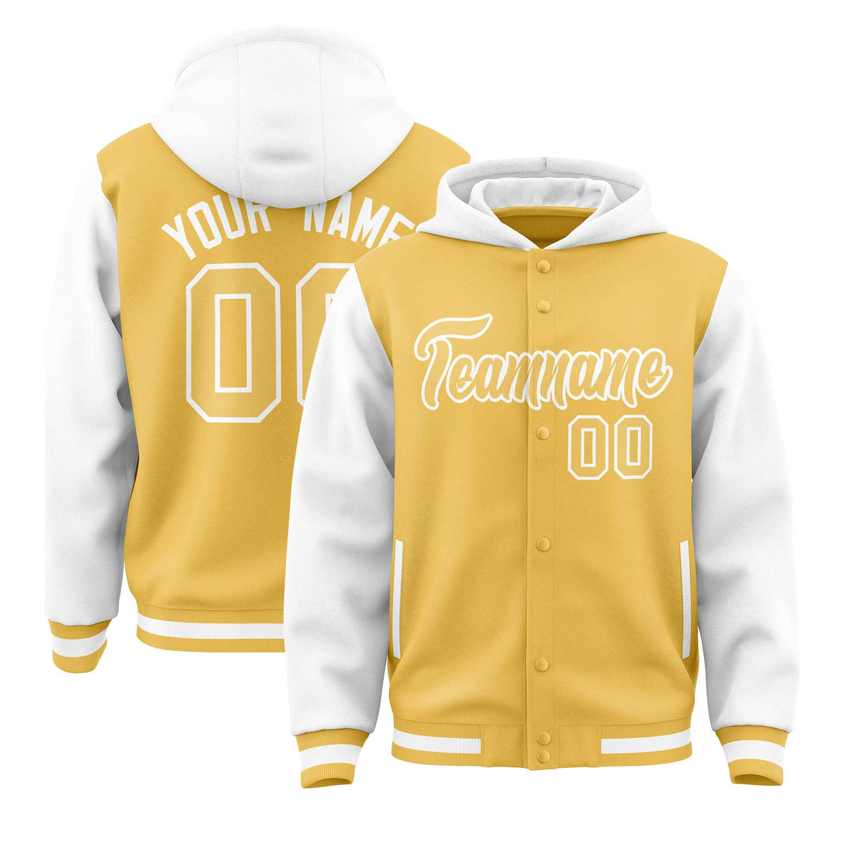 Custom Yellow White Raglan Sleeves Varsity Full-Snap Letterman Two Tone Jacket Hoodie| KXKSHOP