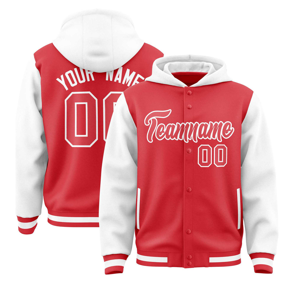 Custom Light Red White Raglan Sleeves Varsity Full-Snap Letterman Two Tone Jacket Hoodie| KXKSHOP