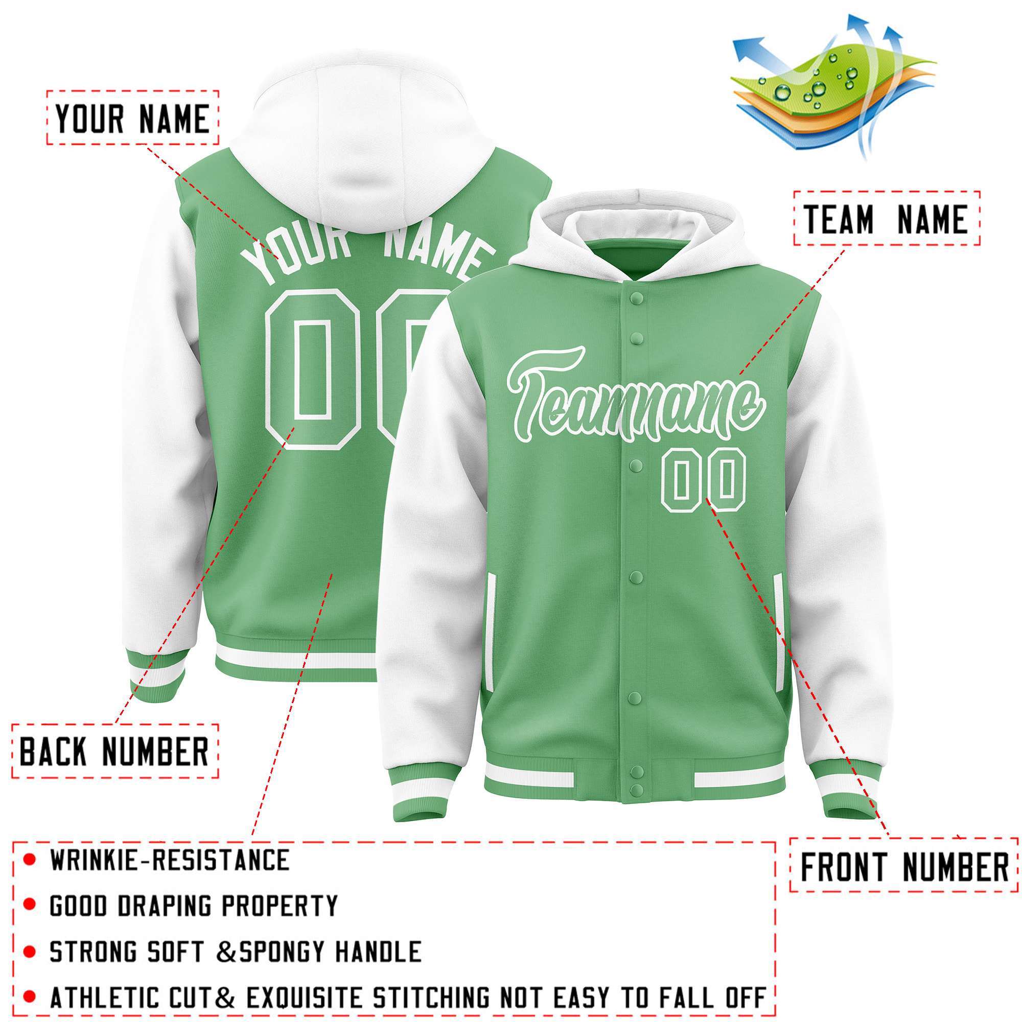 Custom Green White Raglan Sleeves Varsity Full-Snap Letterman Two Tone Jacket Hoodie| KXKSHOP