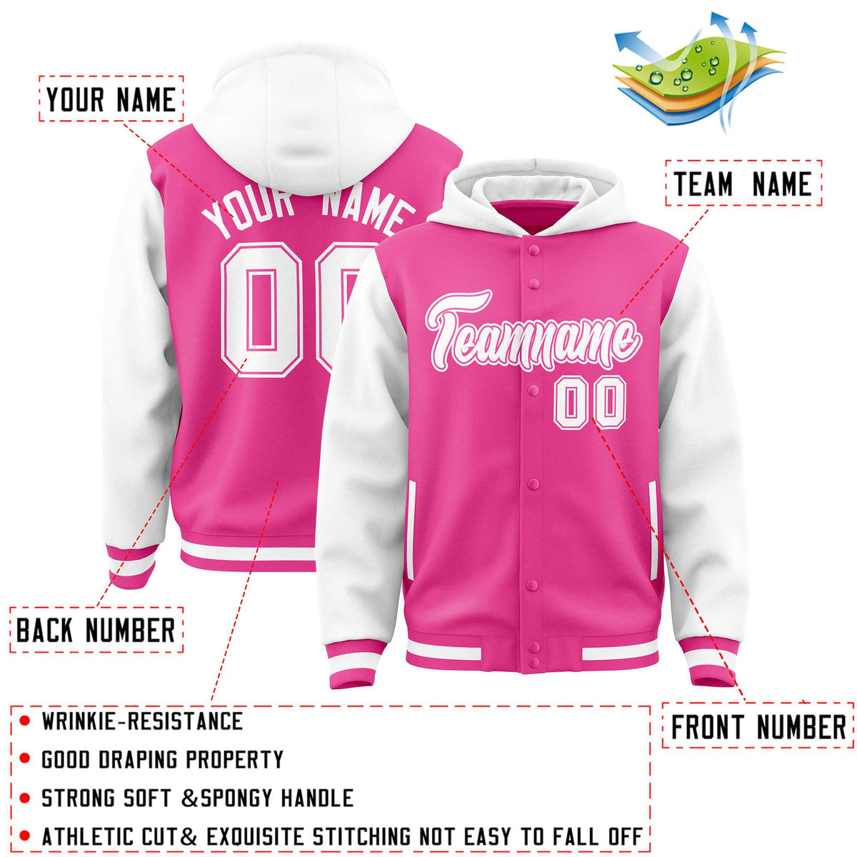Custom Pink White Raglan Sleeves Varsity Full-Snap Letterman Two Tone Jacket Hoodie| KXKSHOP