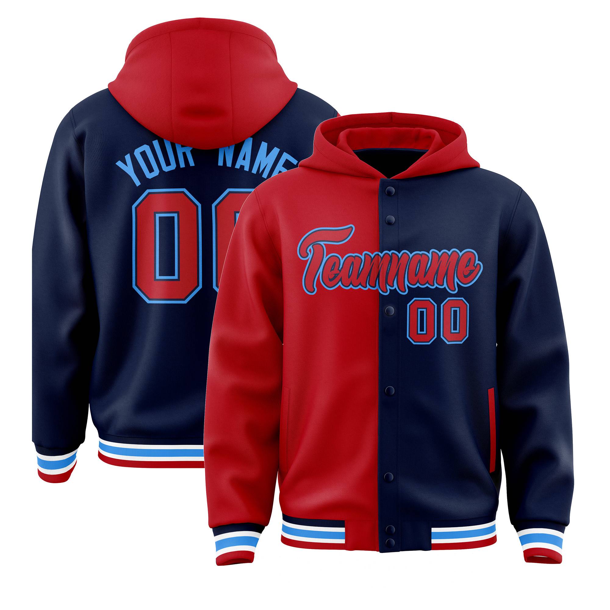 Custom Red Navy Split Fashion Varsity Full-Snap Letterman Two Tone Hoodie Jacket