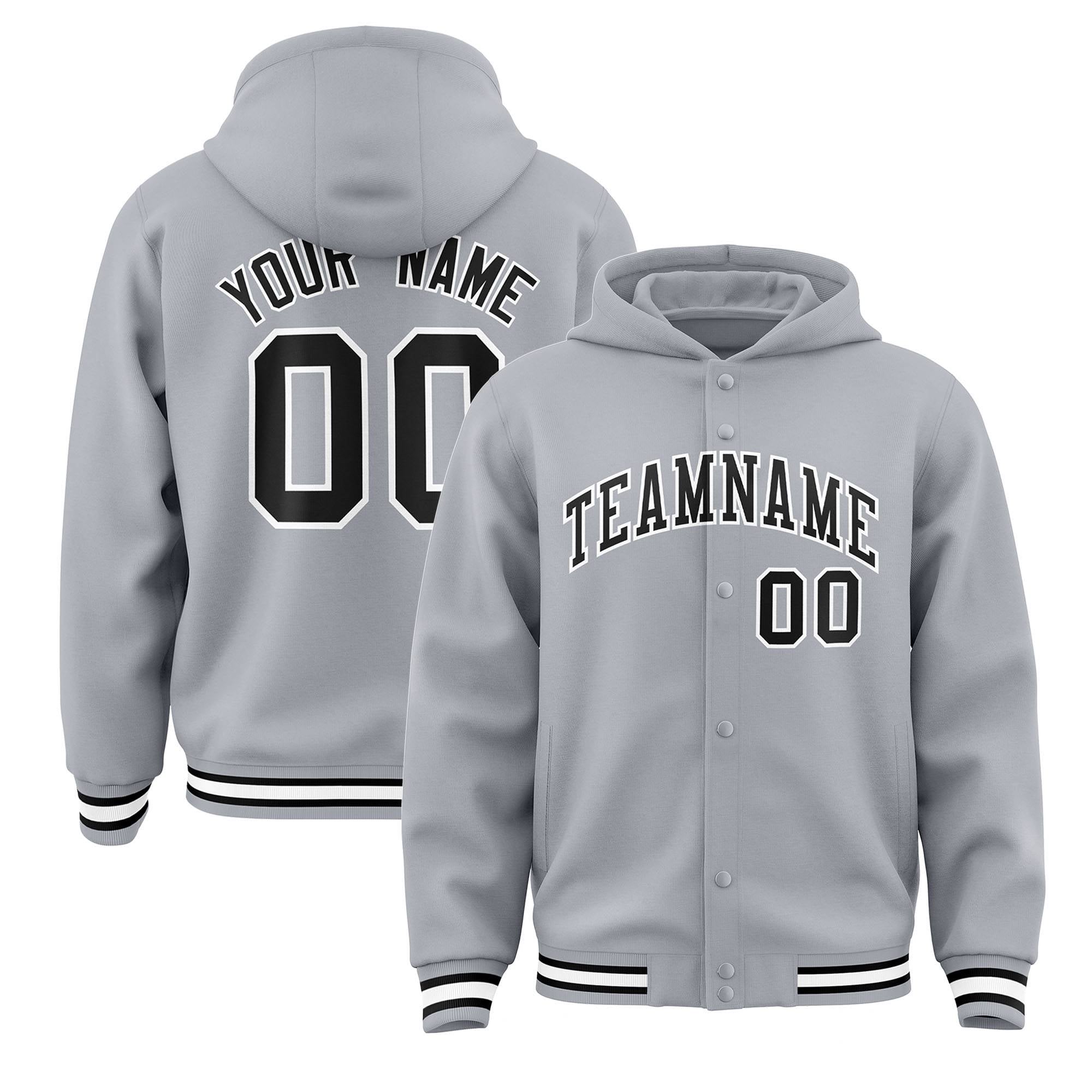 Custom Gray Black-White Varsity Full-Snap Letterman Classic Jacket Hoodie| KXKSHOP