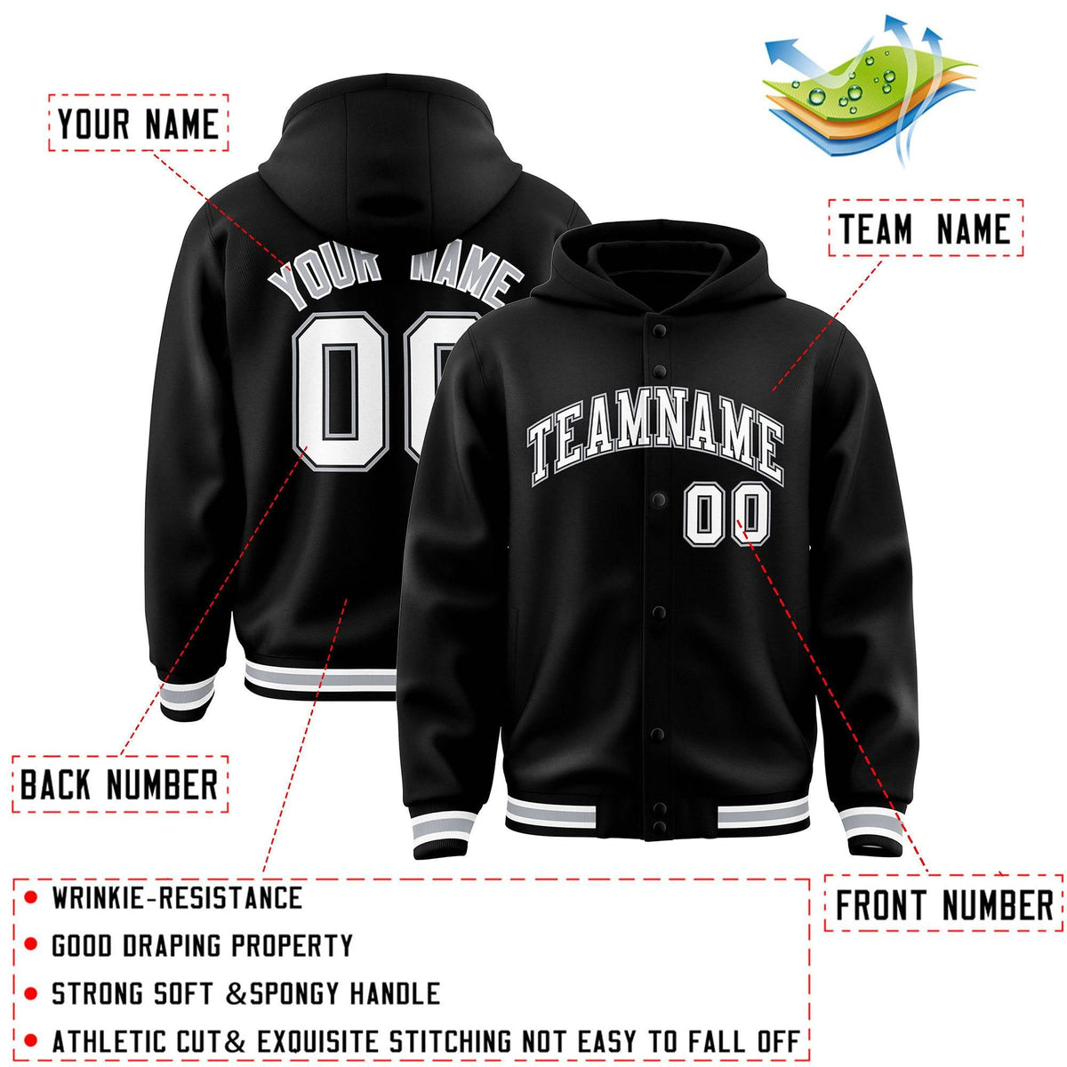 Custom Black White-Black Varsity Full-Snap Letterman Classic Jacket Hoodie| KXKSHOP