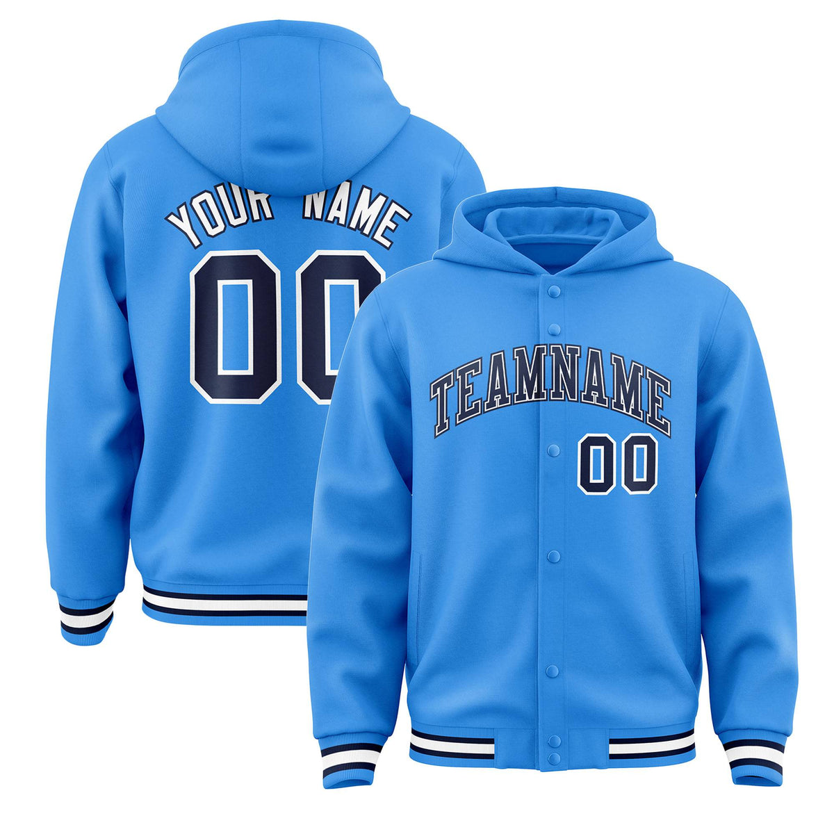Custom Powder Blue Navy-White Varsity Full-Snap Letterman Classic Jacket Hoodie| KXKSHOP