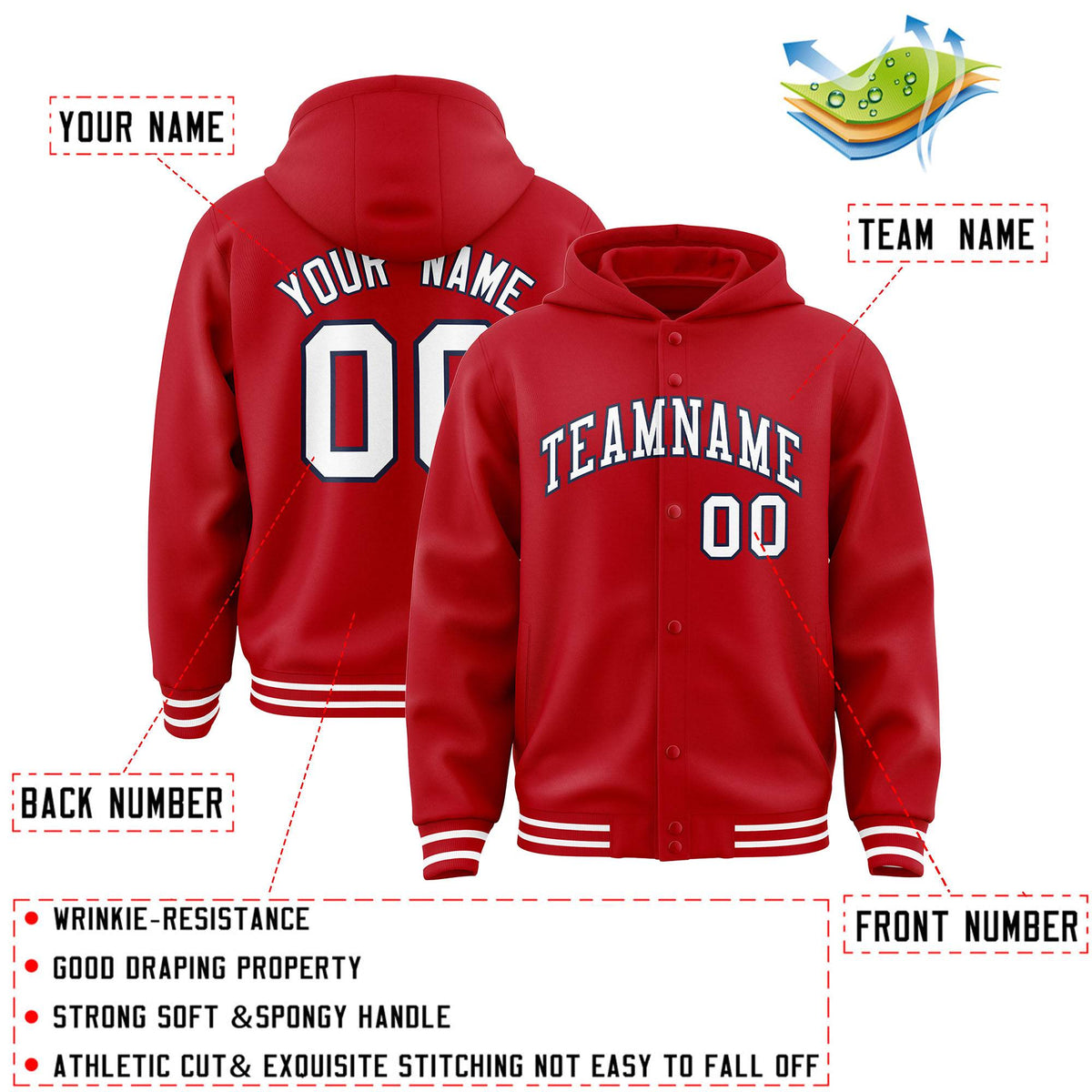 Custom Red White-Navy Varsity Full-Snap Letterman Classic Jacket Hoodie| KXKSHOP