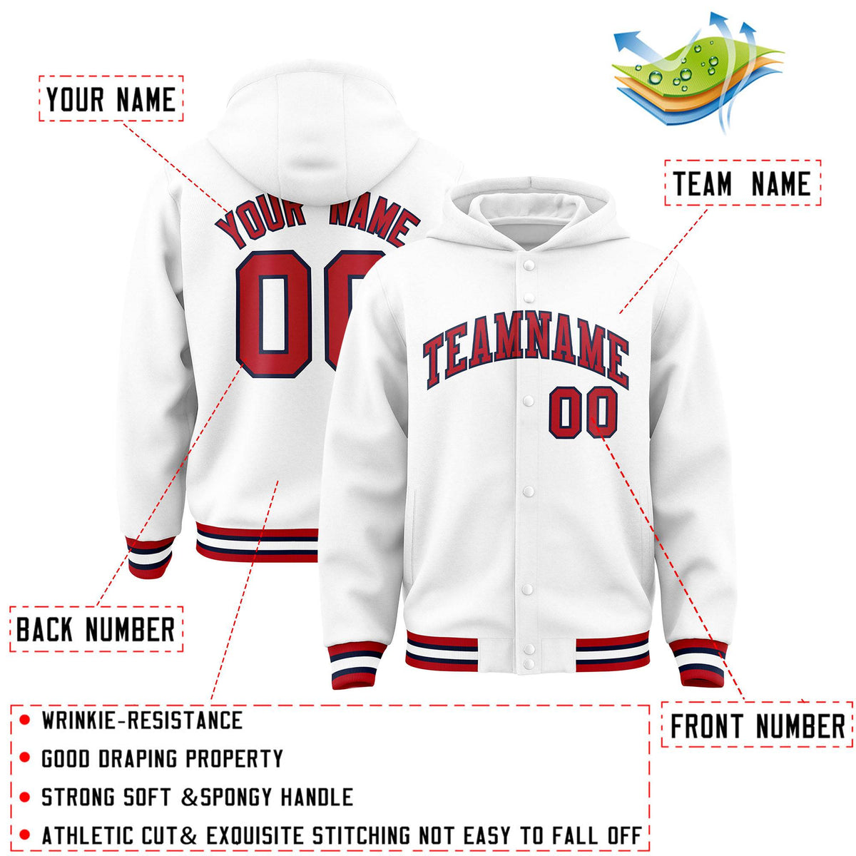 Custom White Red-Navy Varsity Full-Snap Letterman Classic Jacket Hoodie| KXKSHOP