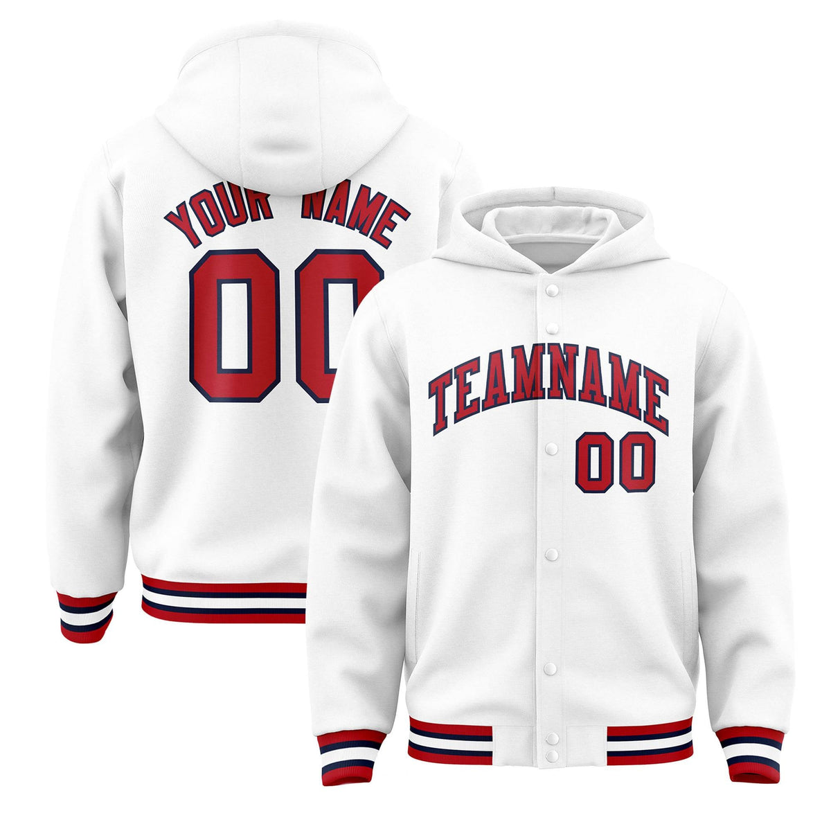 Custom White Red-Navy Varsity Full-Snap Letterman Classic Jacket Hoodie| KXKSHOP