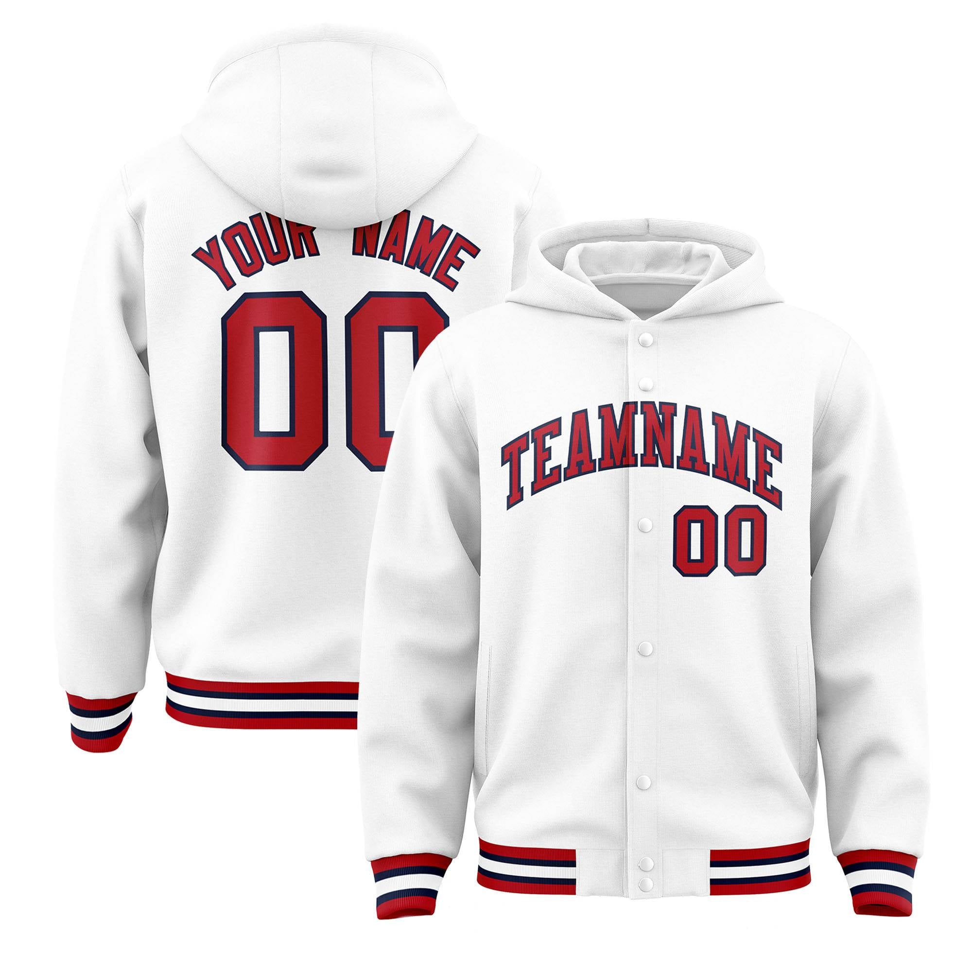 Custom White Red-Navy Varsity Full-Snap Letterman Classic Jacket Hoodie| KXKSHOP