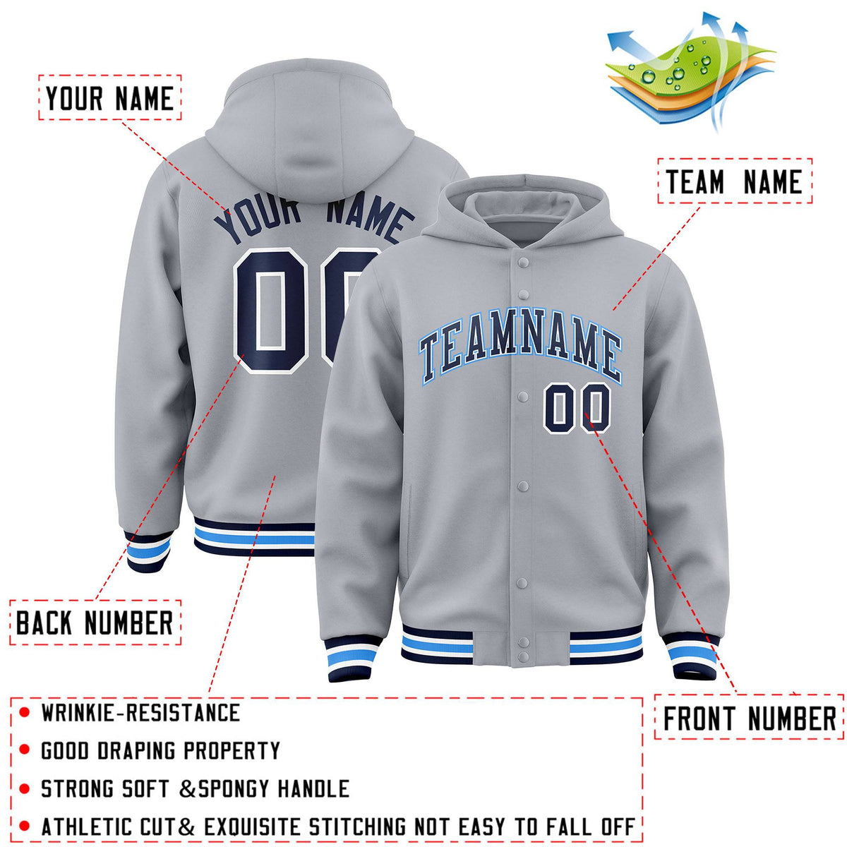 Custom Gray Navy-White Varsity Full-Snap Letterman Classic Jacket Hoodie| KXKSHOP