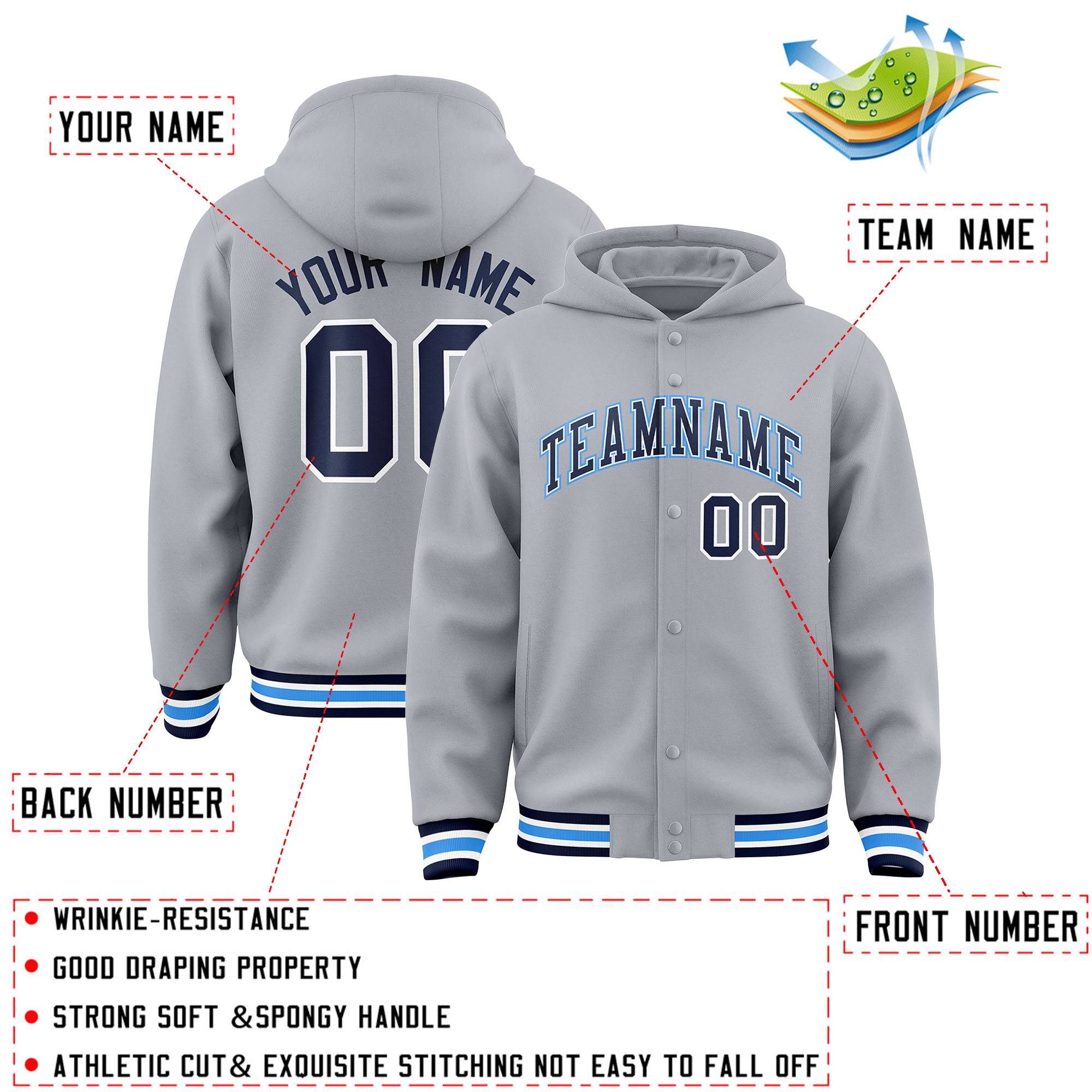 Custom Gray Navy-White Varsity Full-Snap Letterman Classic Jacket Hoodie| KXKSHOP