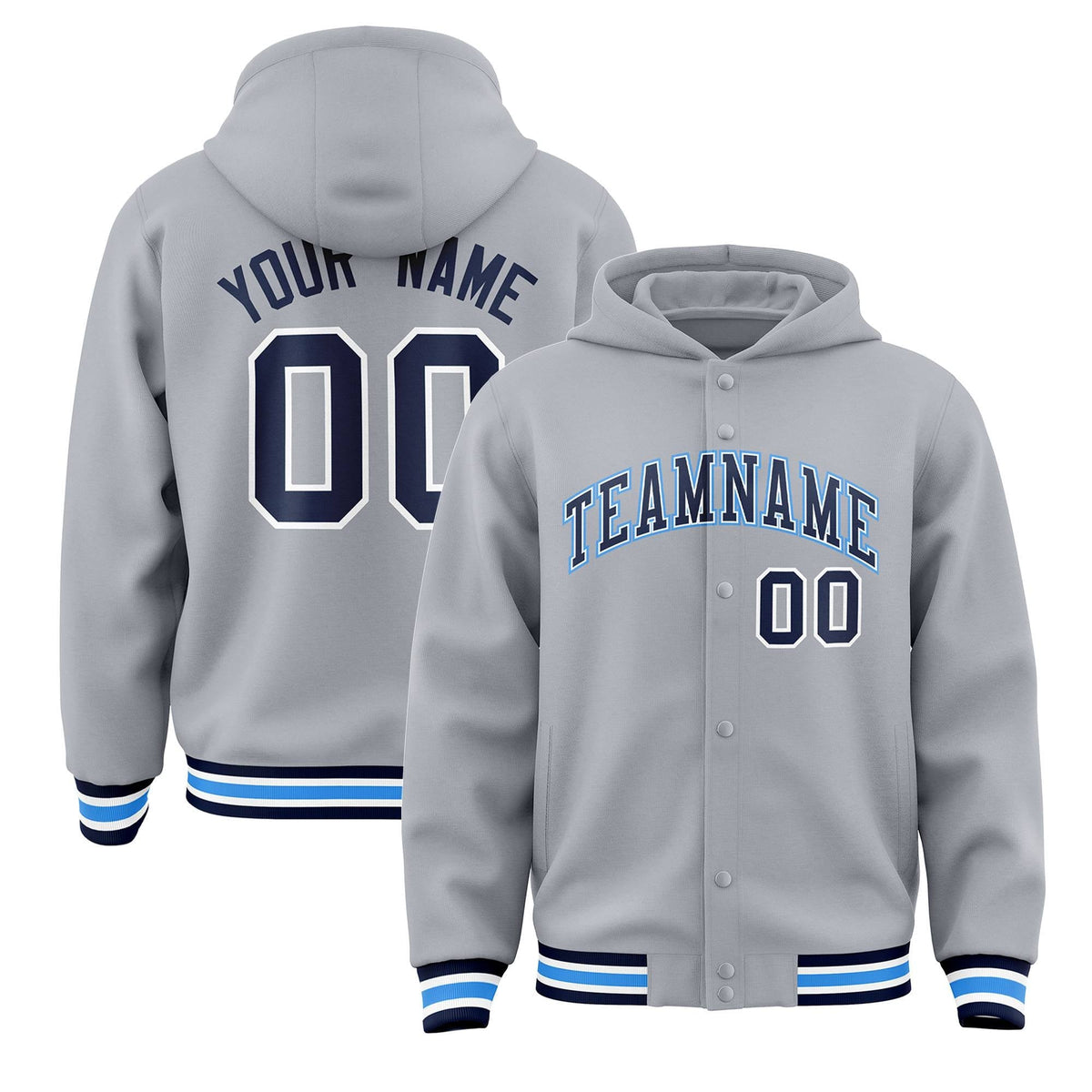 Custom Gray Navy-White Varsity Full-Snap Letterman Classic Jacket Hoodie| KXKSHOP