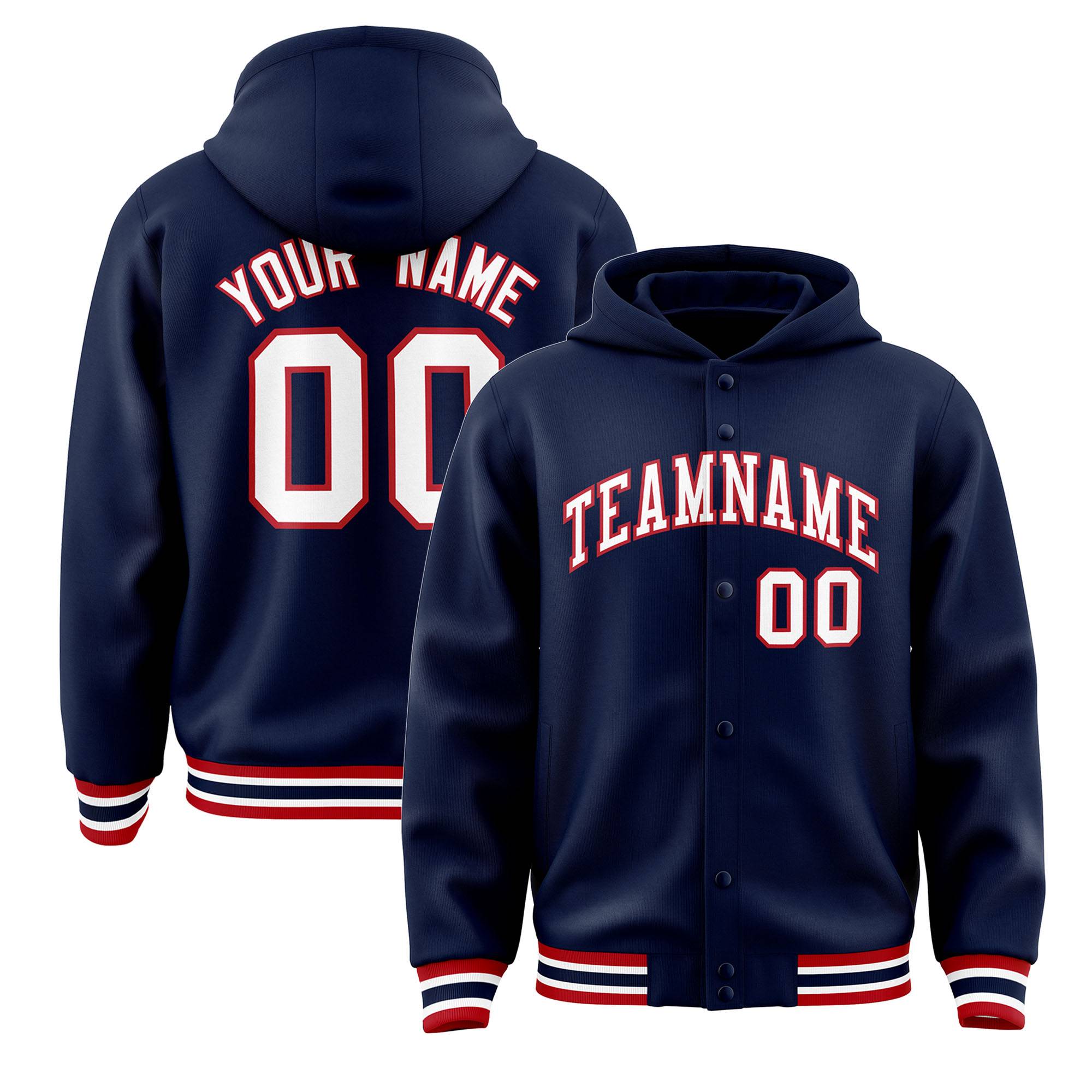 Custom Navy White-Red Varsity Full-Snap Letterman Classic Jacket Hoodie| KXKSHOP