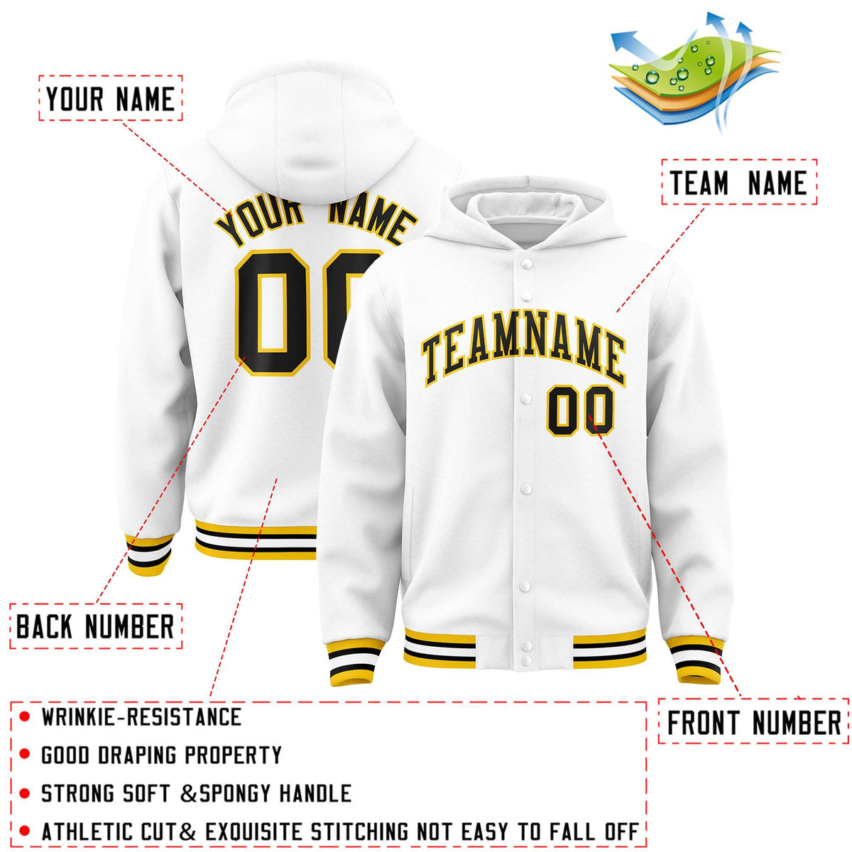 Custom White Black-Gold Varsity Full-Snap Letterman Classic Jacket Hoodie| KXKSHOP