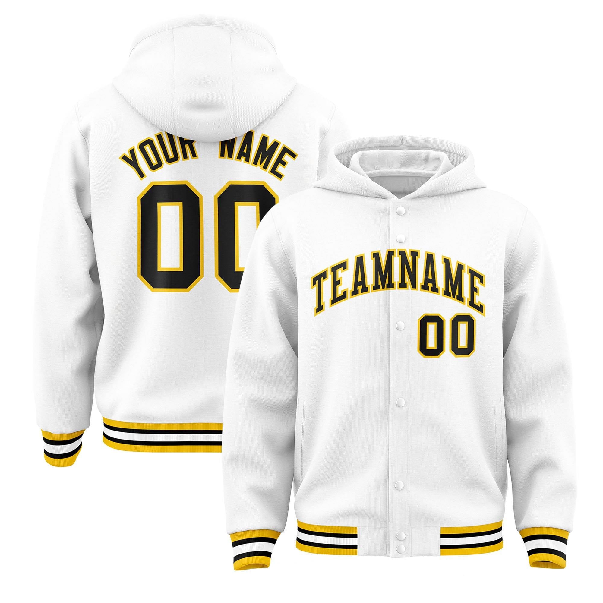 Custom White Black-Gold Varsity Full-Snap Letterman Classic Jacket Hoodie| KXKSHOP