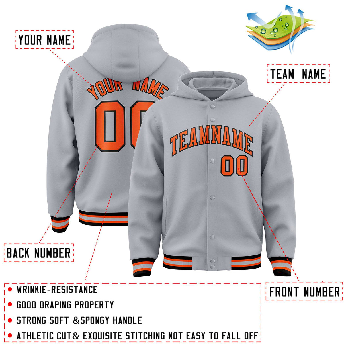 Custom Gray Orange-Black Varsity Full-Snap Letterman Classic Jacket Hoodie| KXKSHOP