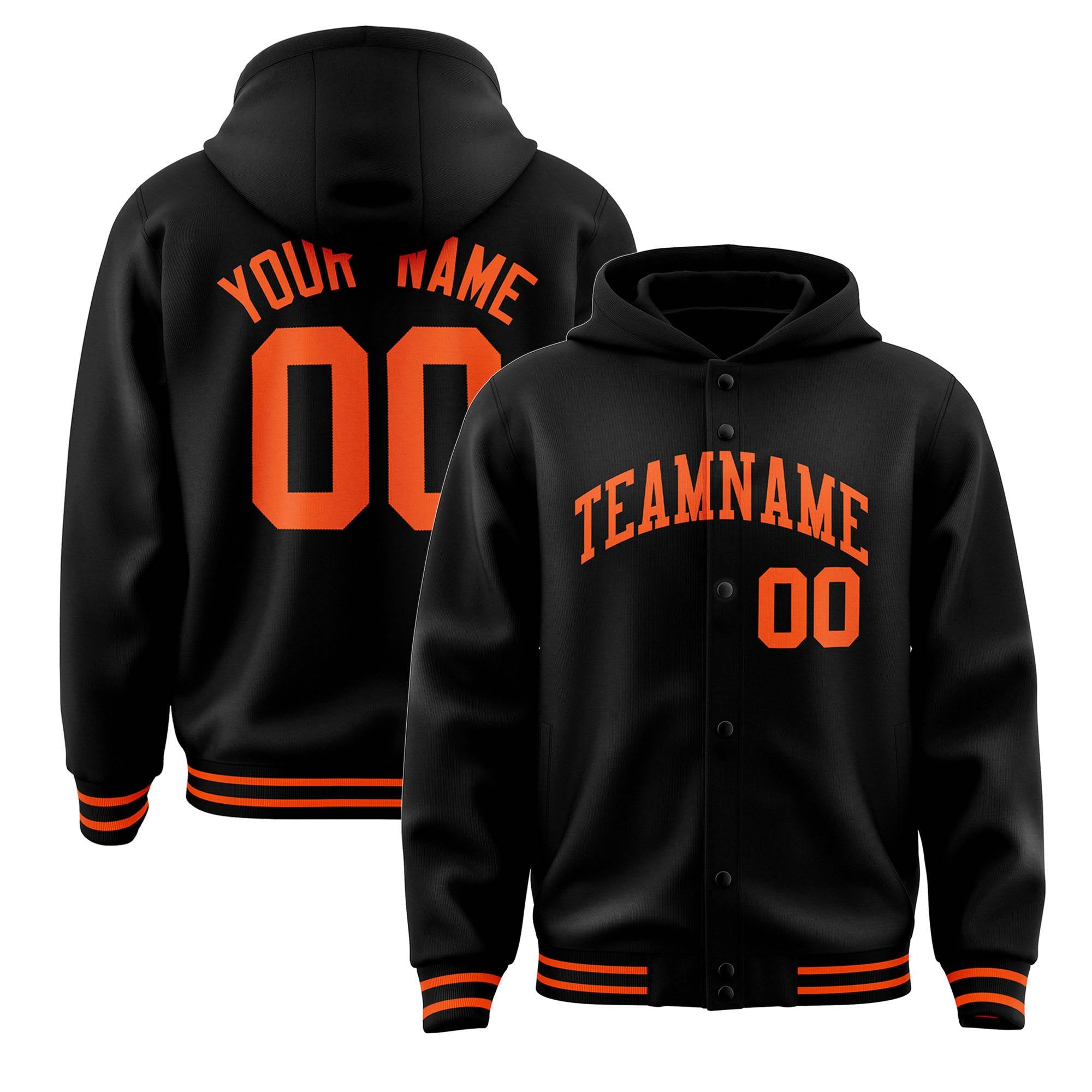 Custom Black Orange Varsity Full-Snap Letterman Classic Jacket Hoodie| KXKSHOP