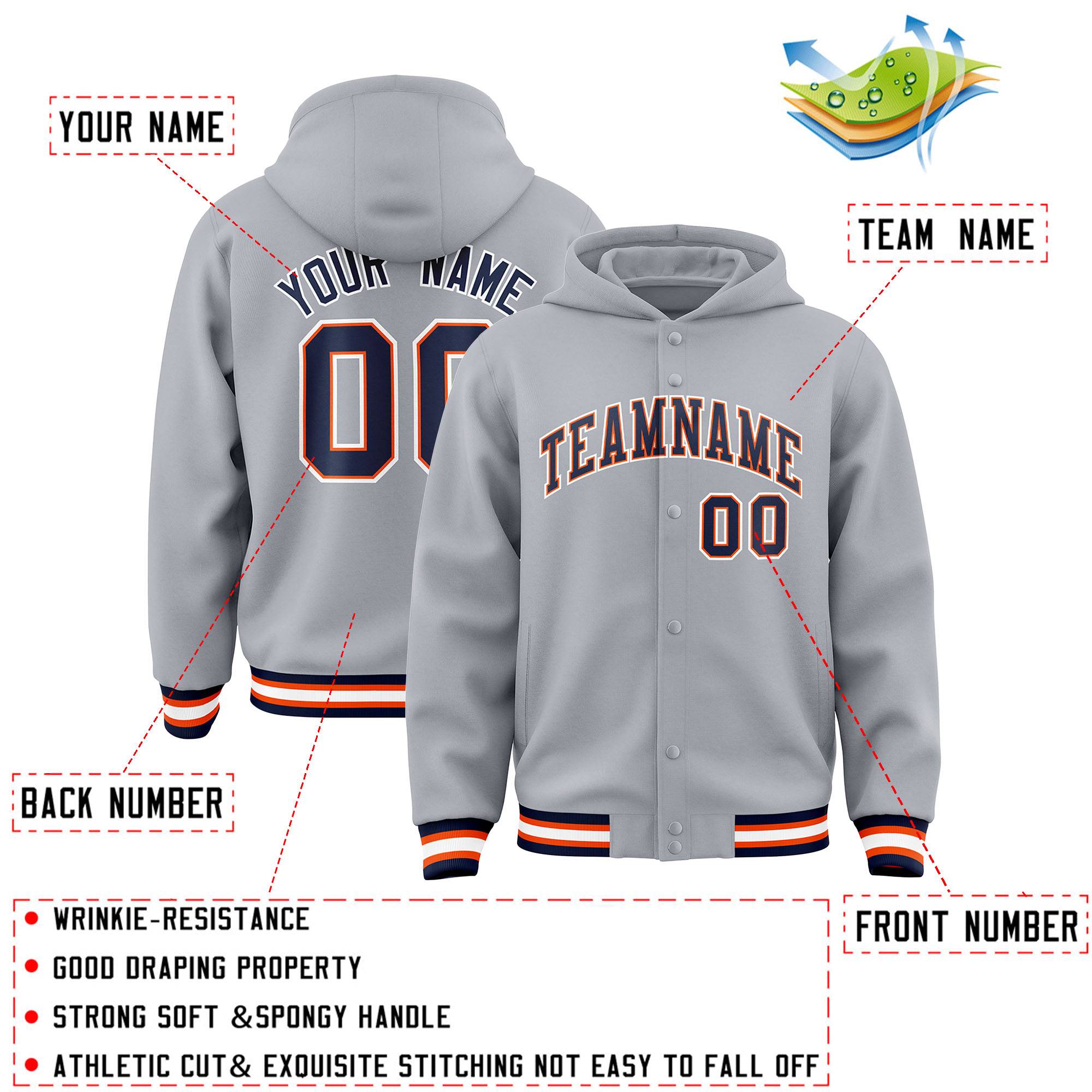 Custom Gray Navy-Orange Varsity Full-Snap Letterman Classic Jacket Hoodie| KXKSHOP