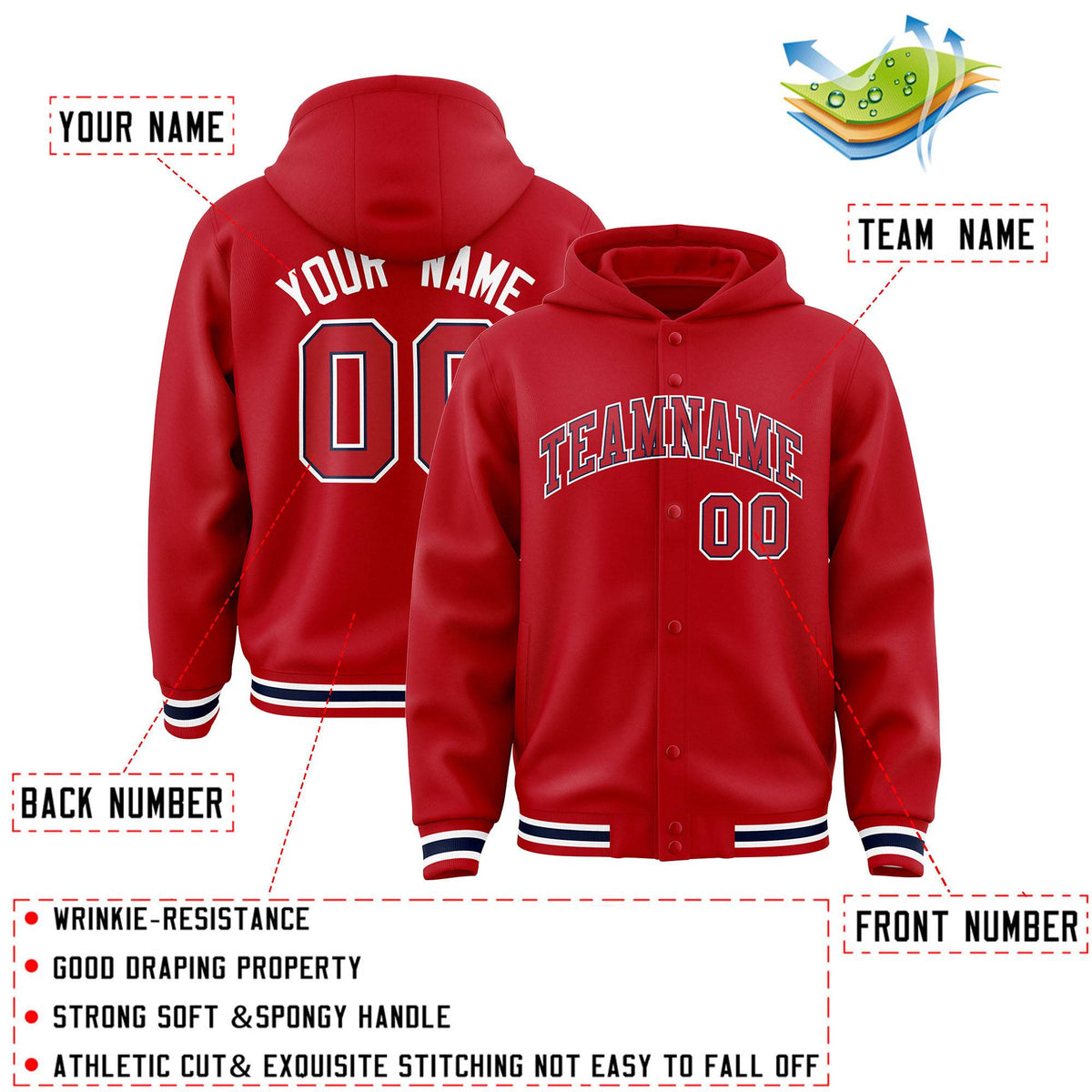 Custom Red Red-Navy Varsity Full-Snap Letterman Classic Jacket Hoodie| KXKSHOP