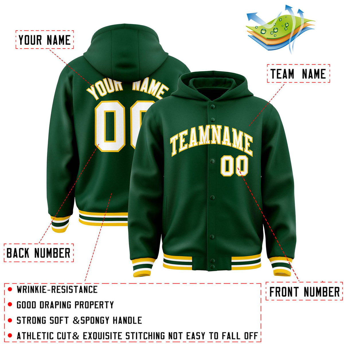 Custom Green White-Gold Varsity Full-Snap Letterman Classic Jacket Hoodie| KXKSHOP