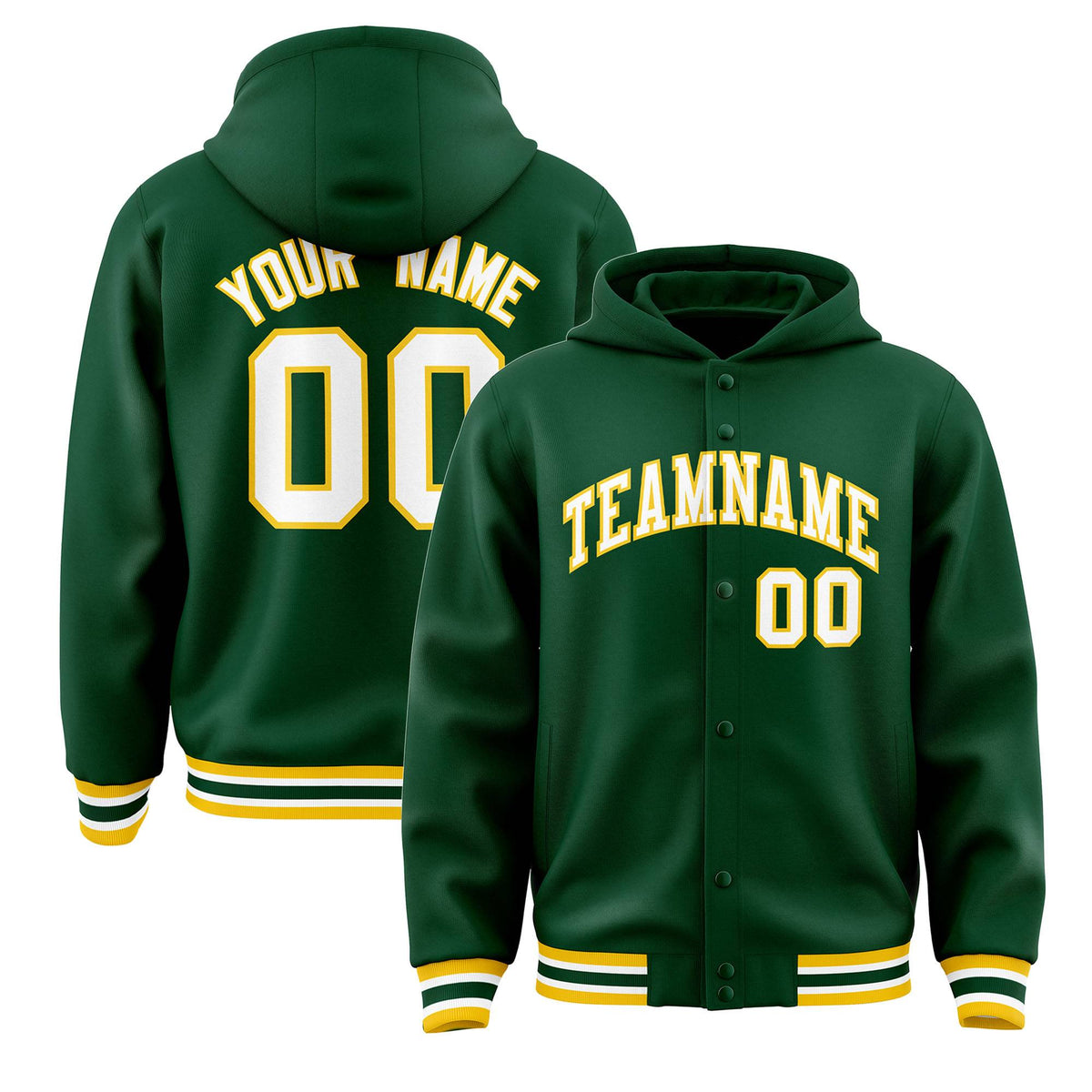 Custom Green White-Gold Varsity Full-Snap Letterman Classic Jacket Hoodie| KXKSHOP