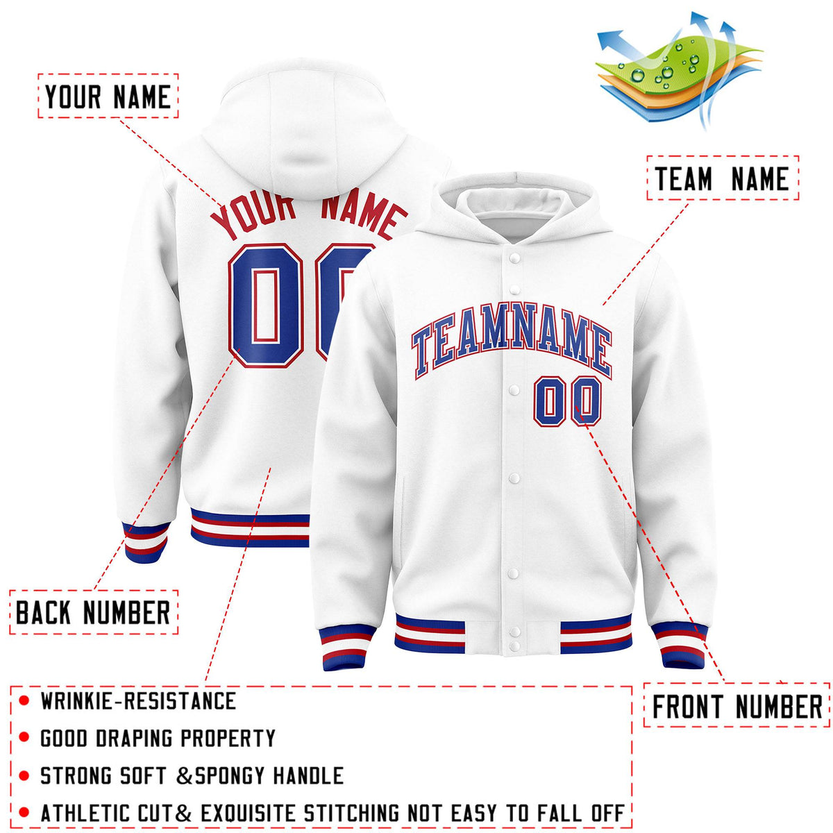 Custom White Royal-White Varsity Full-Snap Letterman Classic Jacket Hoodie| KXKSHOP