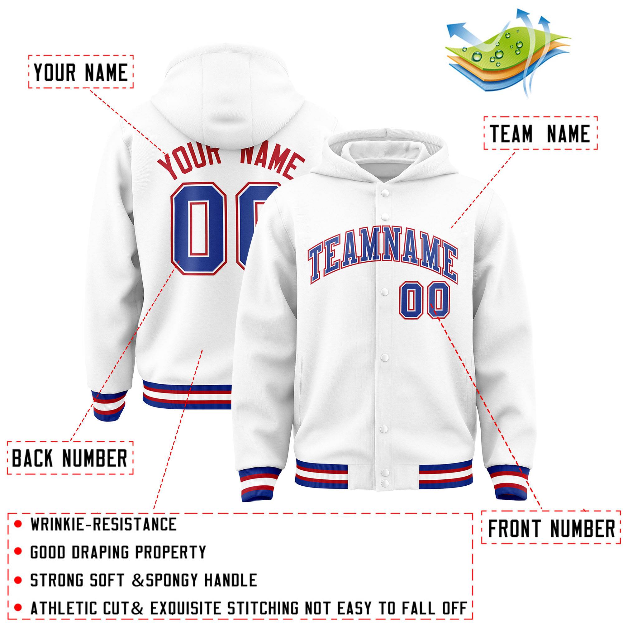 Custom White Royal-White Varsity Full-Snap Letterman Classic Jacket Hoodie| KXKSHOP