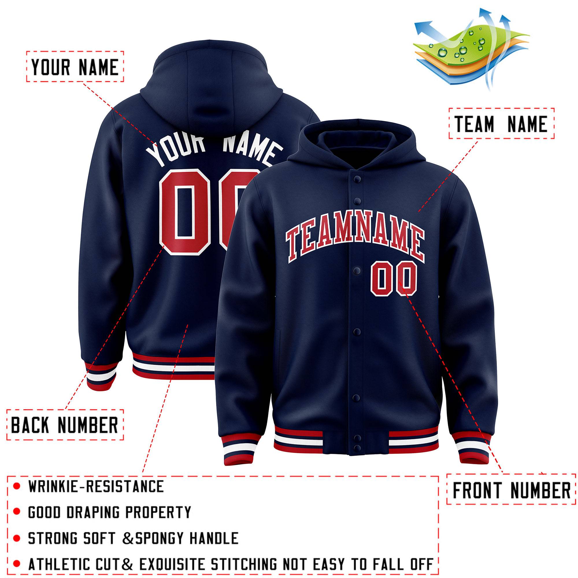 Custom Navy Red-White Varsity Full-Snap Letterman Classic Jacket Hoodie| KXKSHOP