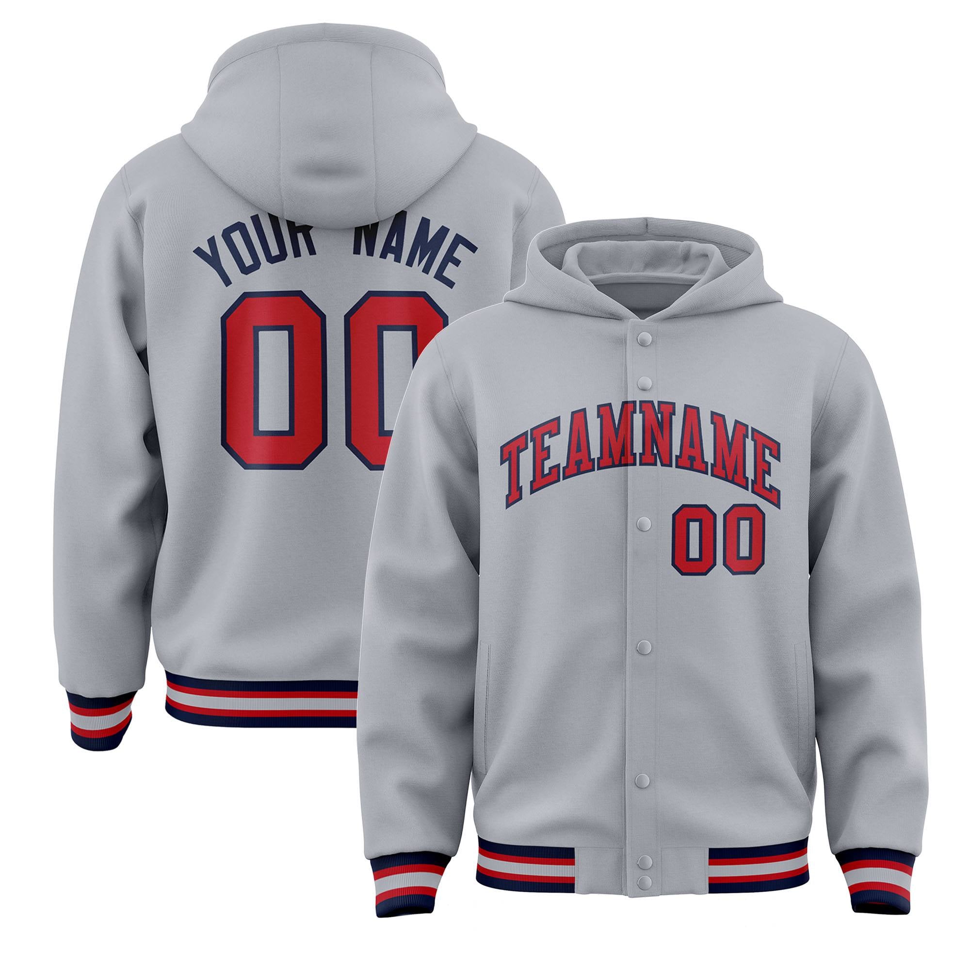 Custom Gray Red-Navy Varsity Full-Snap Letterman Classic Jacket Hoodie| KXKSHOP