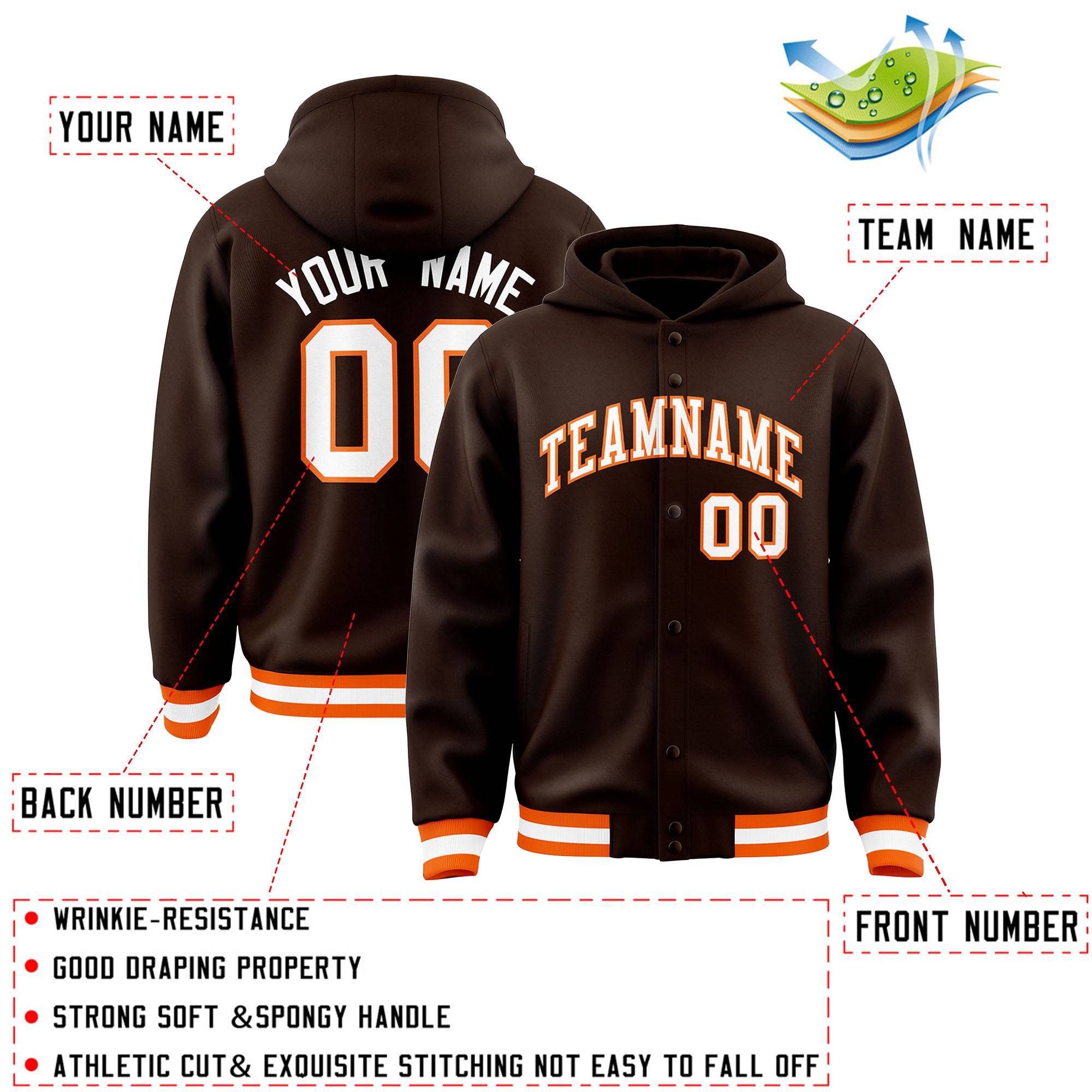 Custom Brown White-Orange Varsity Full-Snap Letterman Classic Jacket Hoodie| KXKSHOP
