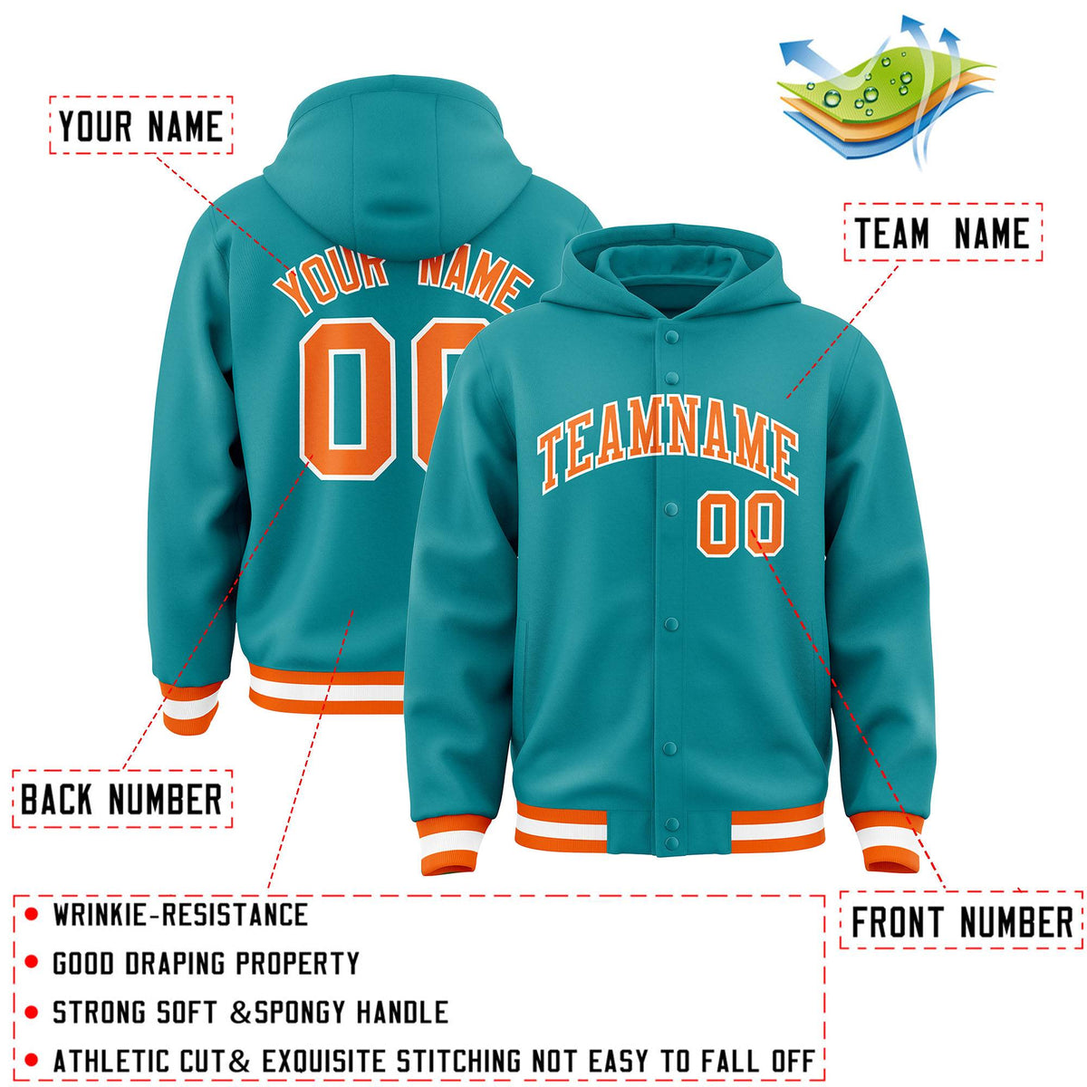 Custom Aqua Orange-White Varsity Full-Snap Letterman Classic Jacket Hoodie| KXKSHOP