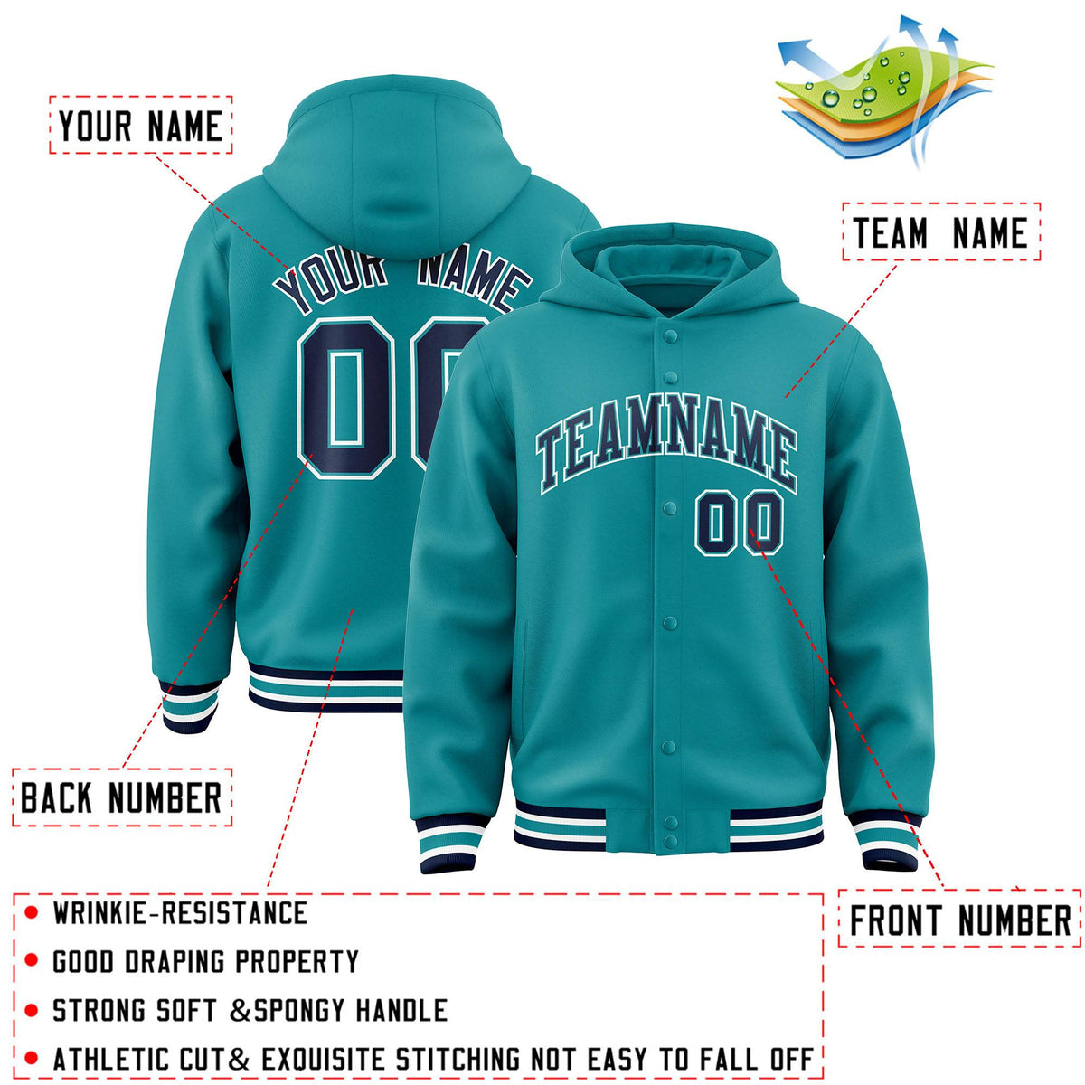 Custom Aqua Black-Aqua Varsity Full-Snap Letterman Classic Jacket Hoodie| KXKSHOP